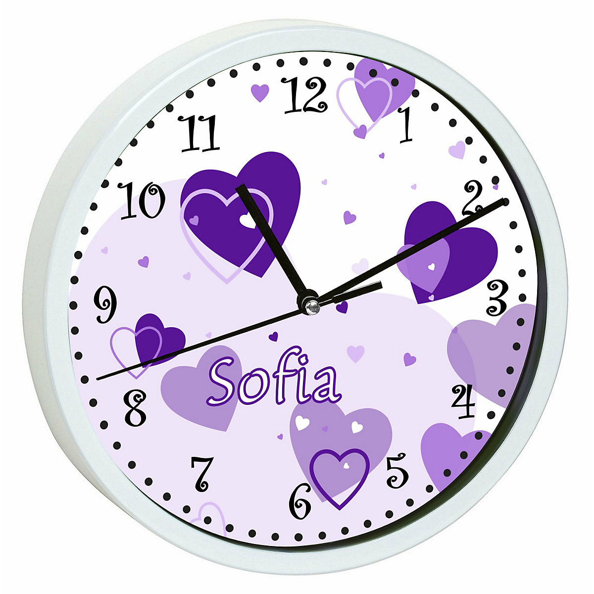 Kinder Wanduhr personalisiert mit Name Herz Lila