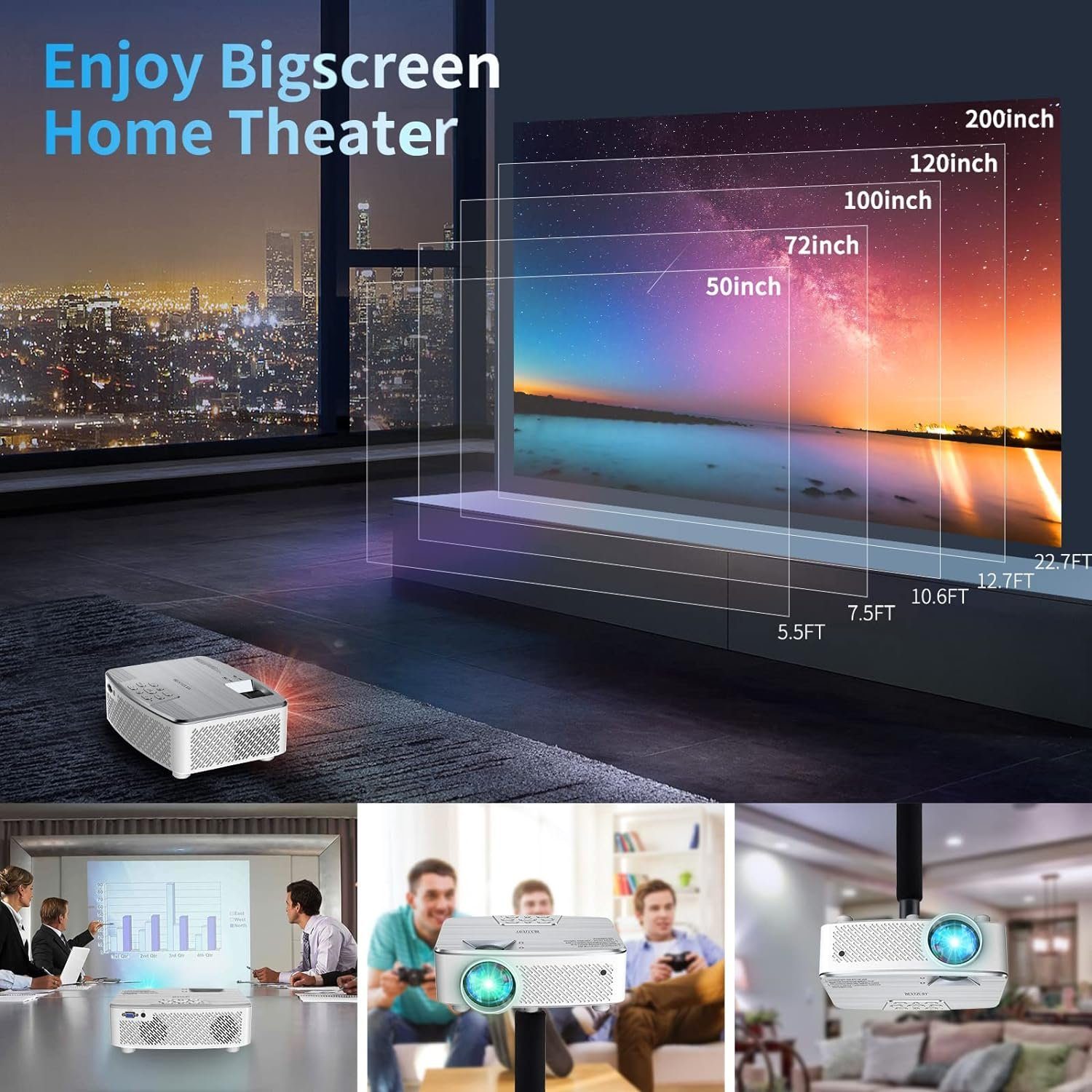BEXTZUBY Portabler Projektor (120000:1, 1920 x 1080 px, Full HD Beamer 9500 Lumen, Bluetooth, 4K Unterstützung Mini Beamer 200)