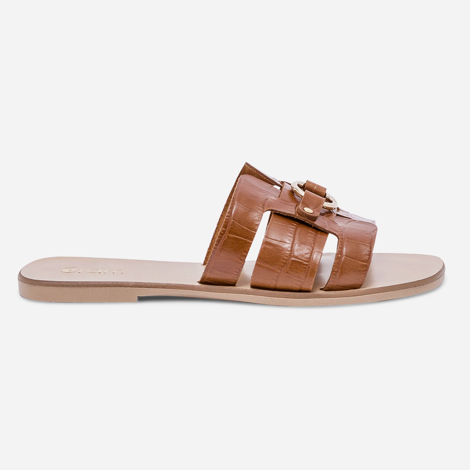 Mule cognac en cuir embossé croco