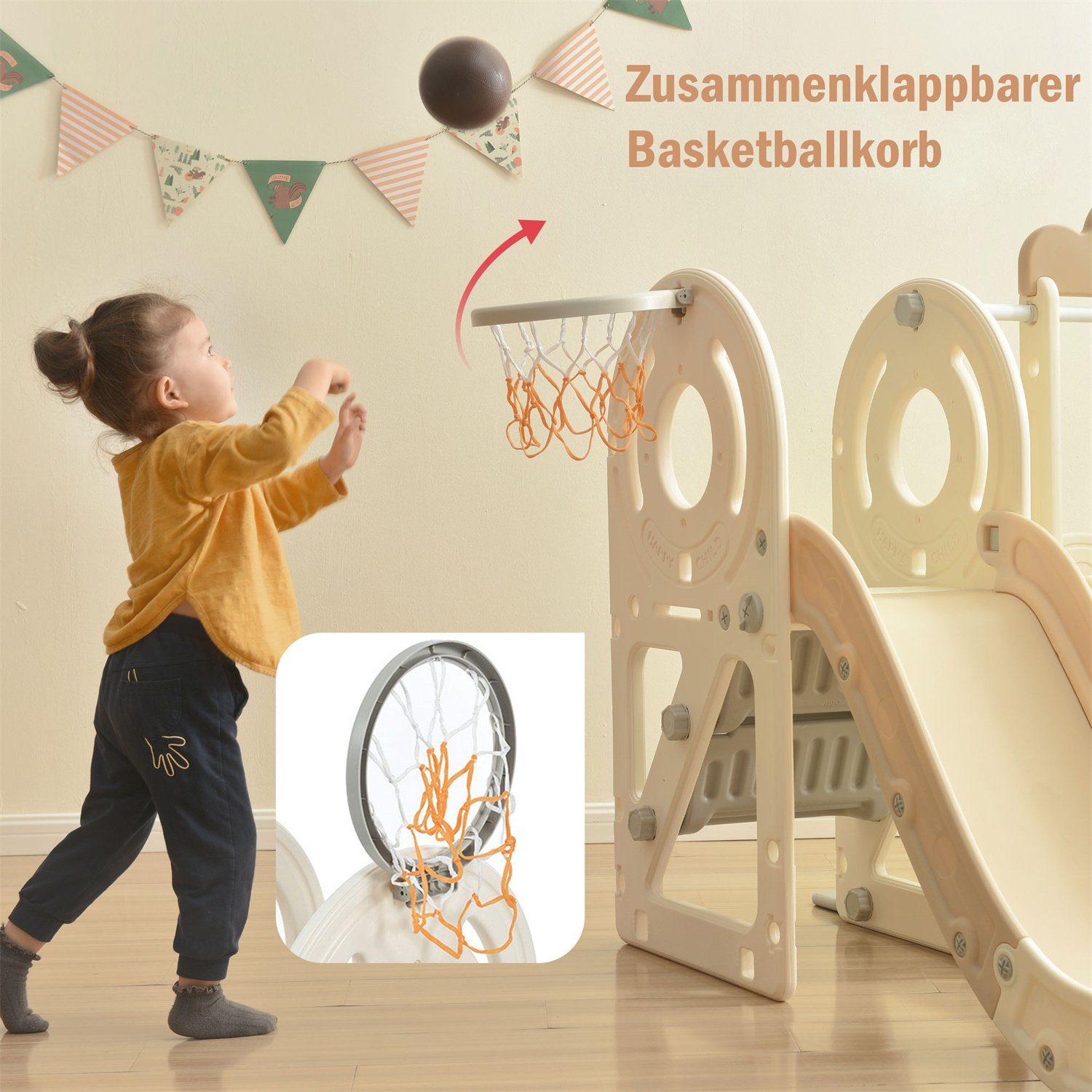 Fangqi Indoor-Rutsche 4-in-1-Kinderrutsche, Indoor-Spielzeug, Rutschenset,Weihnachtsgeschenk, (mit Bus, Rutsche, Aktivitätsleiter, Basketballkorb und passenden Basketbällen)