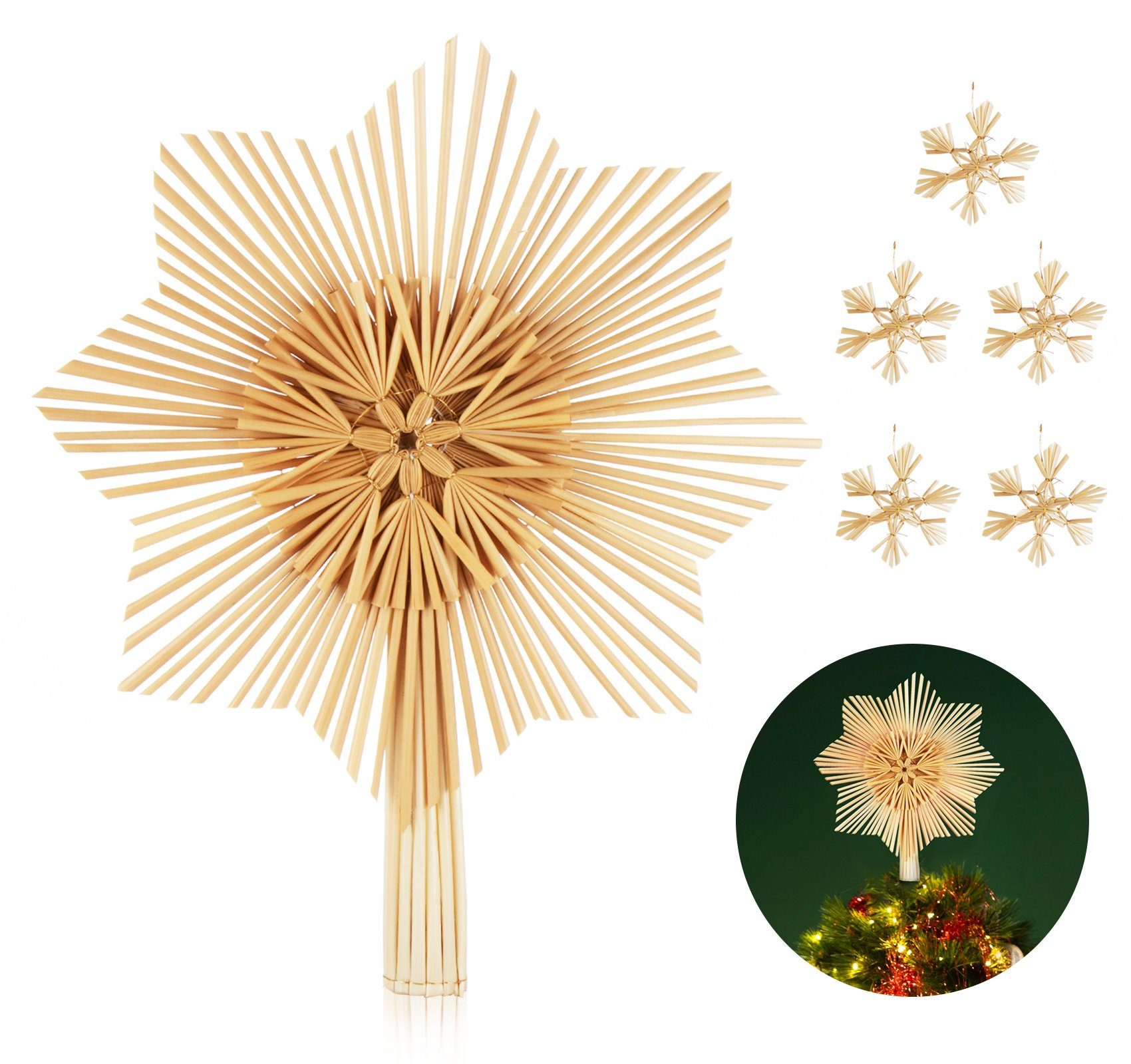 Homewit Christbaumschmuck Weihnachtsbaumspitze Natürlicher Christbaumspitze Stern aus Stroh (6-tlg), Schmuck Strohstern-Spitze für den Weihnachtsbaum Christbaum