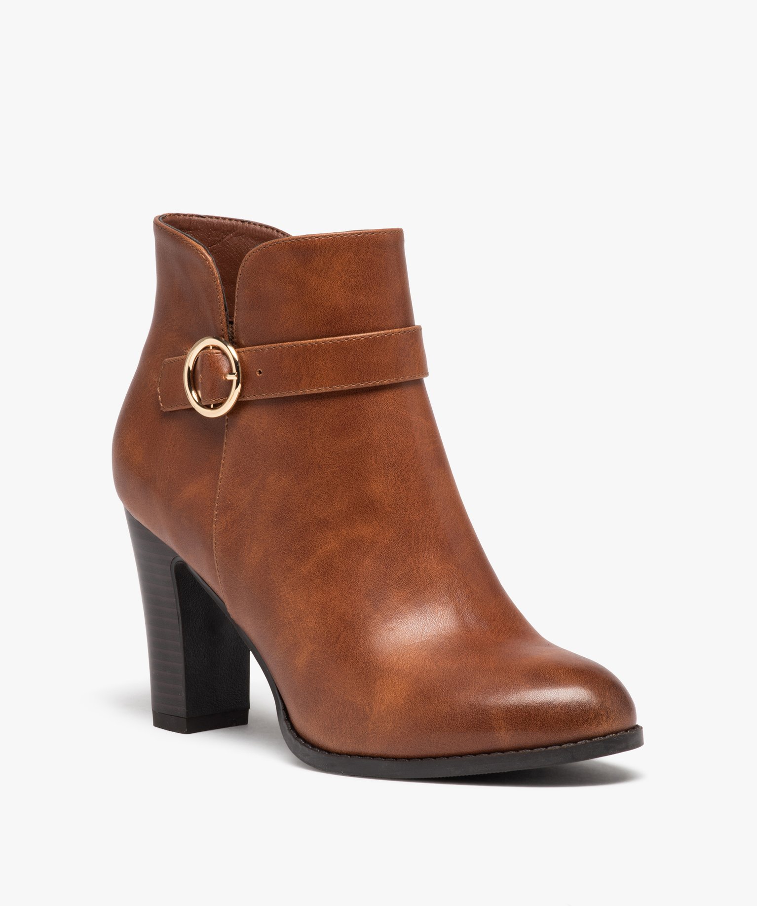 Boots femme unies à talon haut carré avec bride à boucle camel | GEMO