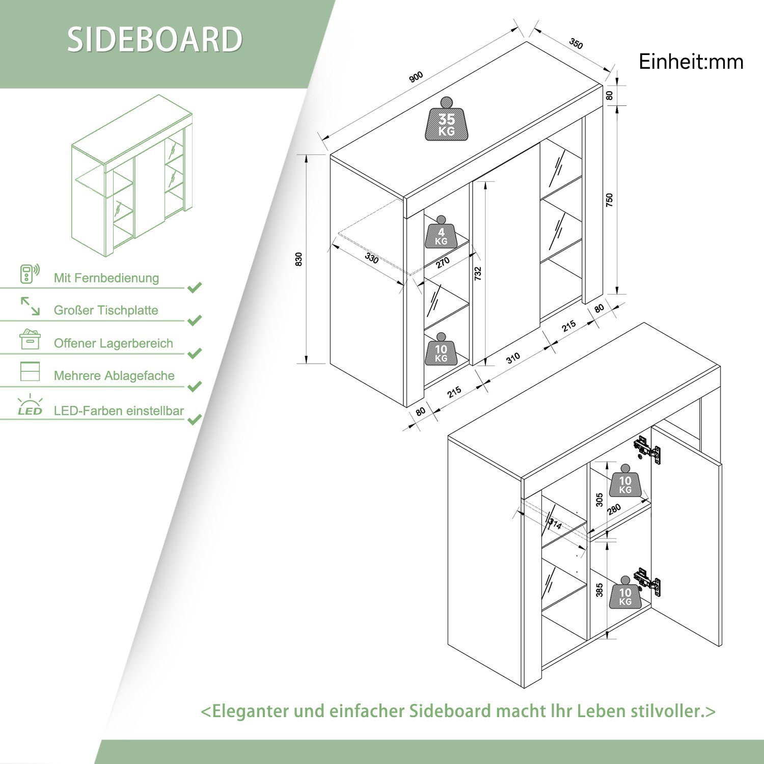 SONNI Sideboard Sideboard Küchenschrank mit LED Beleuchtung 90x35x83cm, Hochglanz, mit Schranktür und 4 glas Einlegeböden, Wohnzimmerschrank