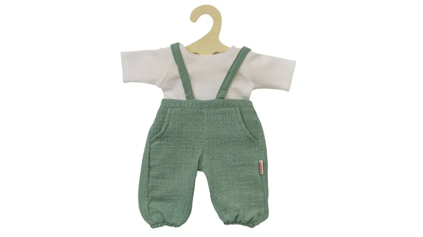 Heless - Puppen-Latzhose aus 100 % Bio-Baumwolle, salbeigrün, mit weißem T-Shirt, 2-teilig, Gr. 35-45 cm