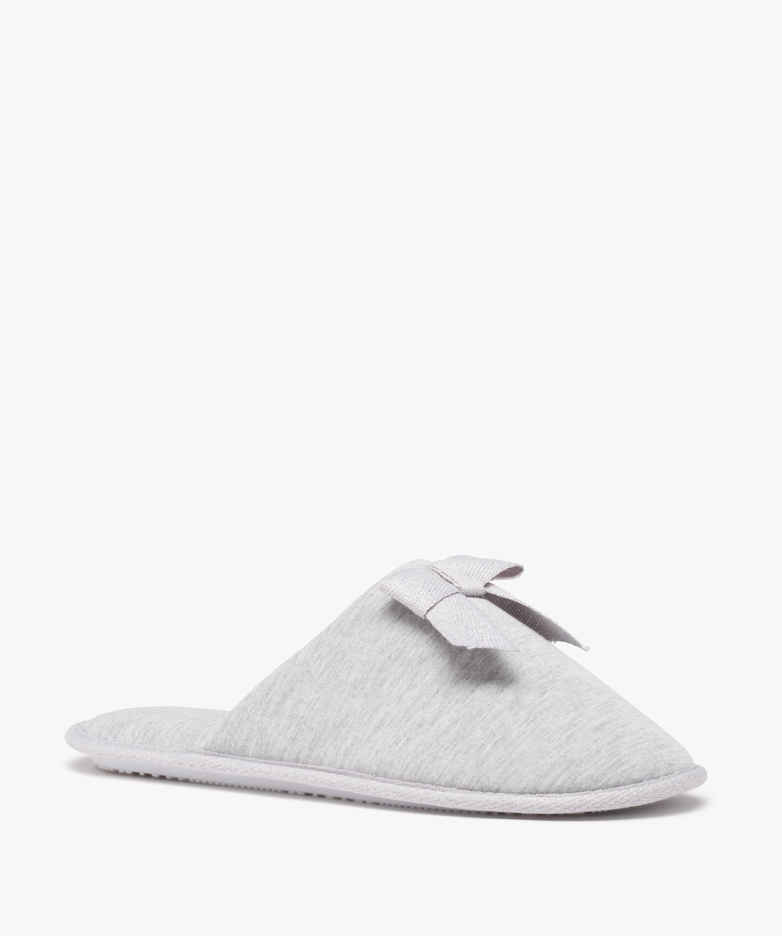 Chaussons femme mules plates en jersey à n?ud brillant gris clair | GEMO