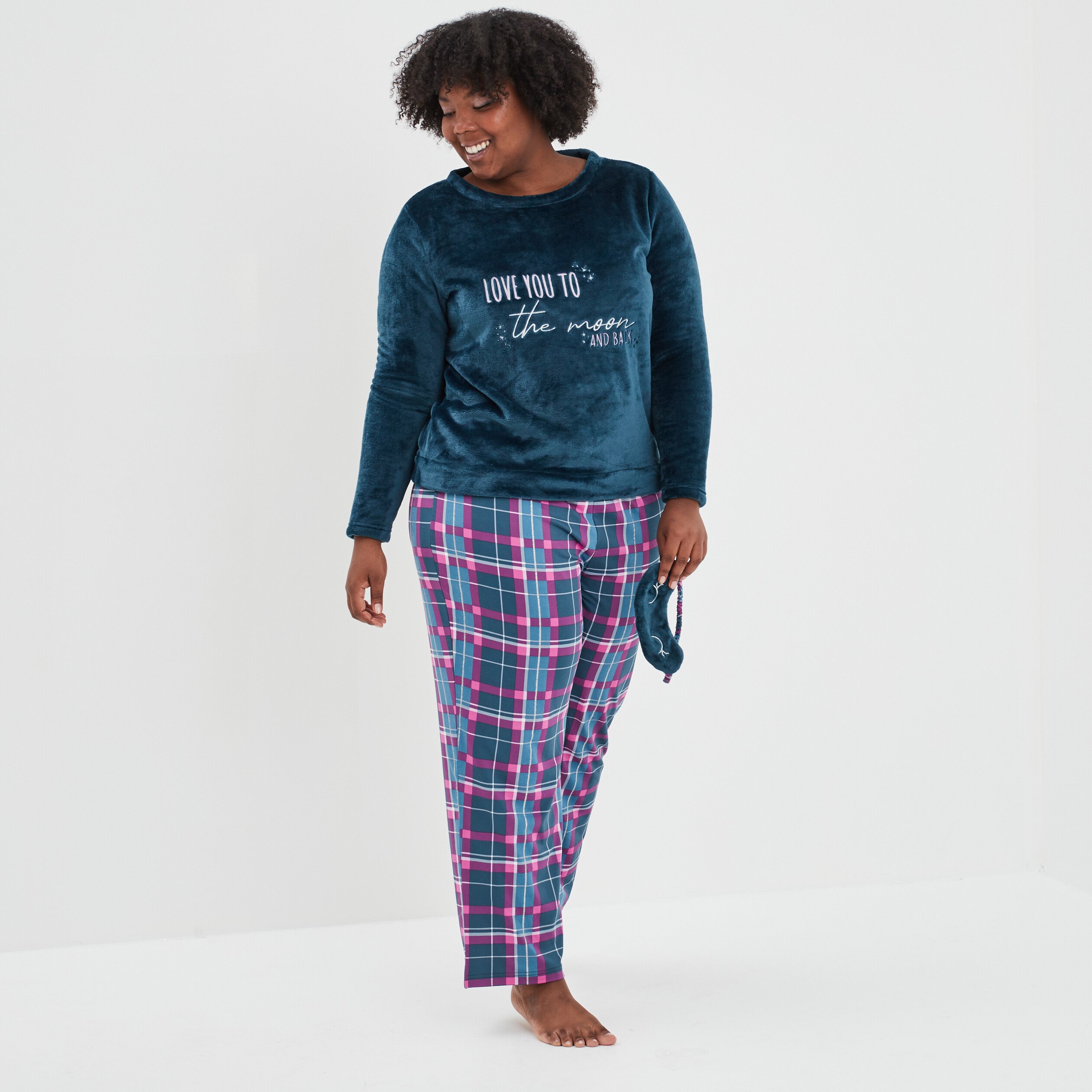 Ensemble pyjama pantalon haut velours bleu canard femme grande taille | La Halle