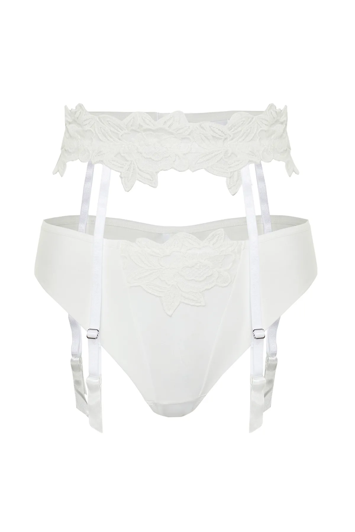 Trendyol Collection  Brautslip und Hosenträger aus Strick mit Brode-Spitze in Weiß, mit Seilriemen THMSS24CC00028