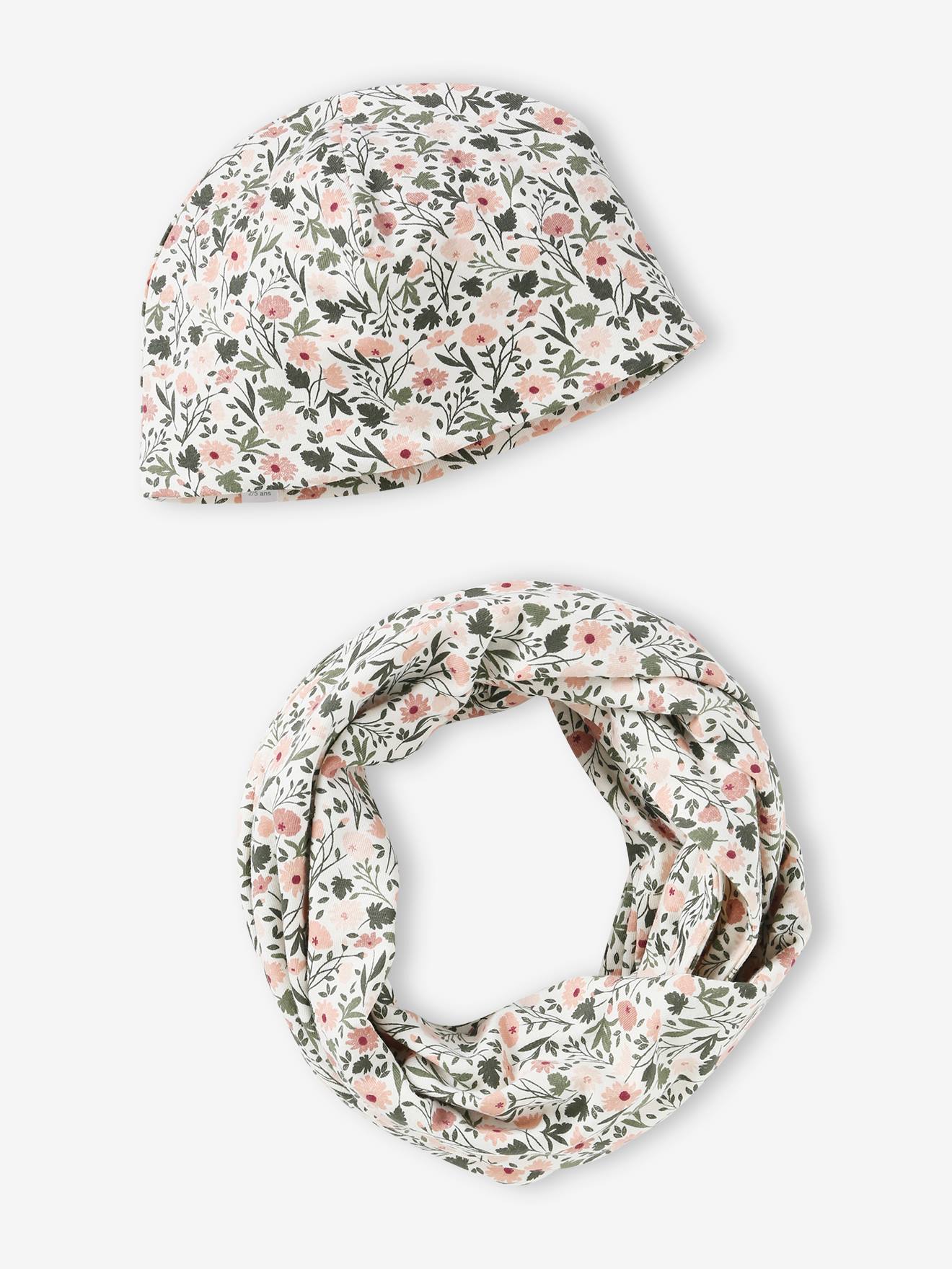 Ensemble fleuri fille bonnet + snood beige