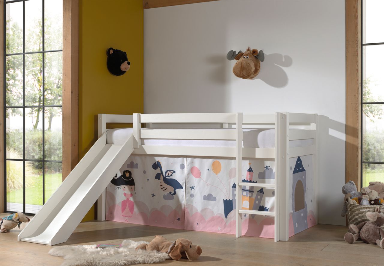 VIPACK Halbhohes Bett PINO, mit Rutsche und Textilset 