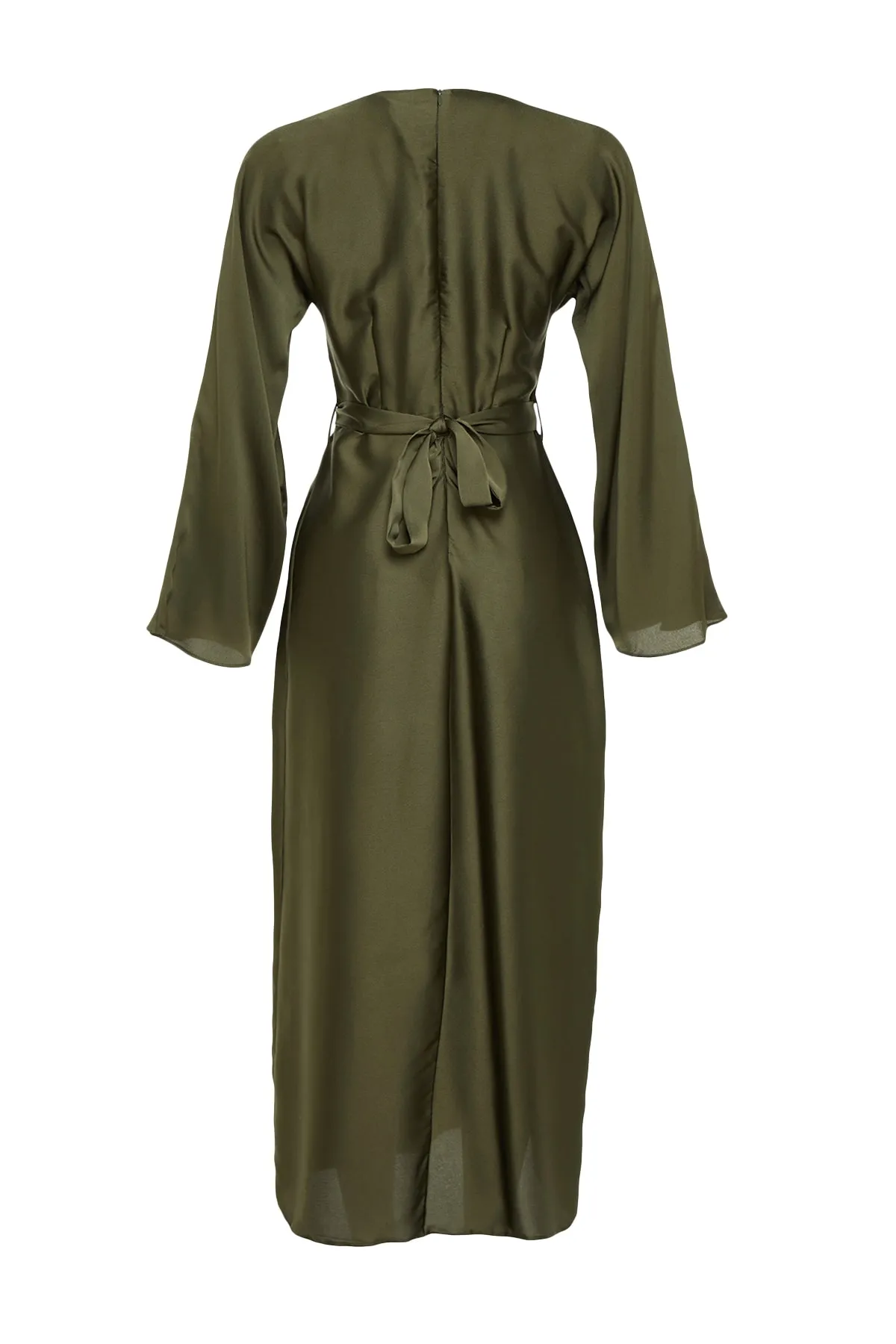 Trendyol Modest  Dunkelkhakifarbenes Abendkleid aus Satin mit Gürtel TCTSS23DB00019