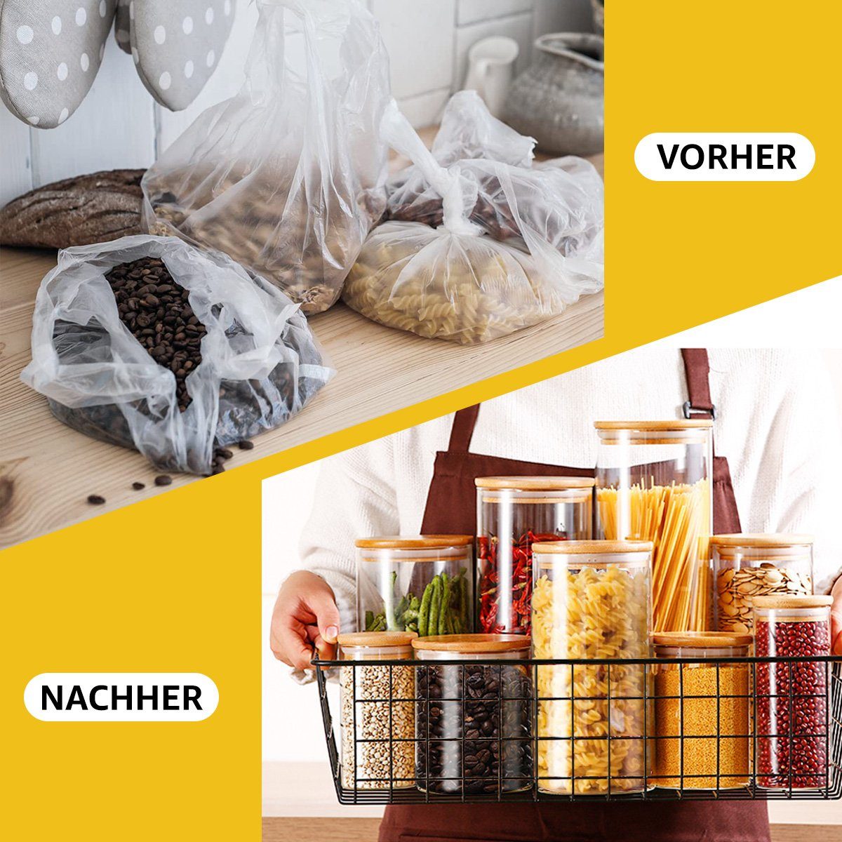 7Magic Vorratsdose Vorratsglas Set, (2000ml+550ml+550ml+1000ml+1000ml, 5-tlg), mit Bambus Deckel