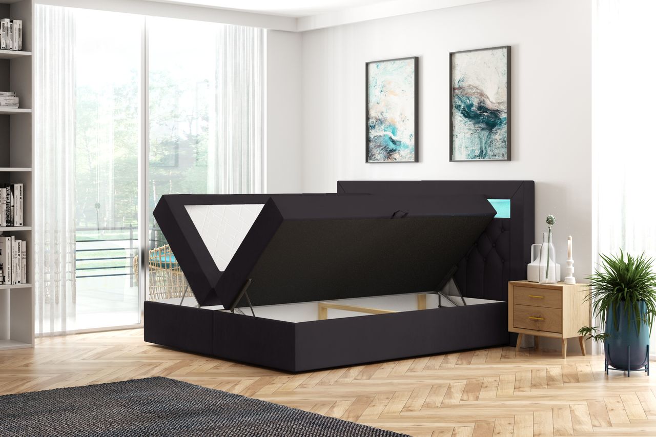 Möbel Punkt Boxspringbett DENVER mit LED und Bettkasten 180 x 200 cm Webstoff Anthrazit Bett Bettkasten