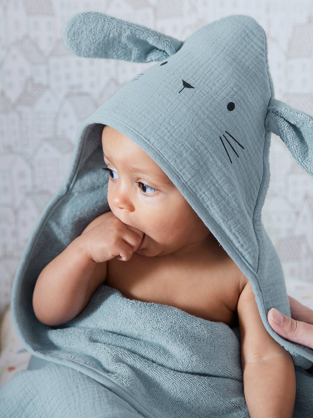 Cape de bain + gant en gaze de coton bio*, bleu
