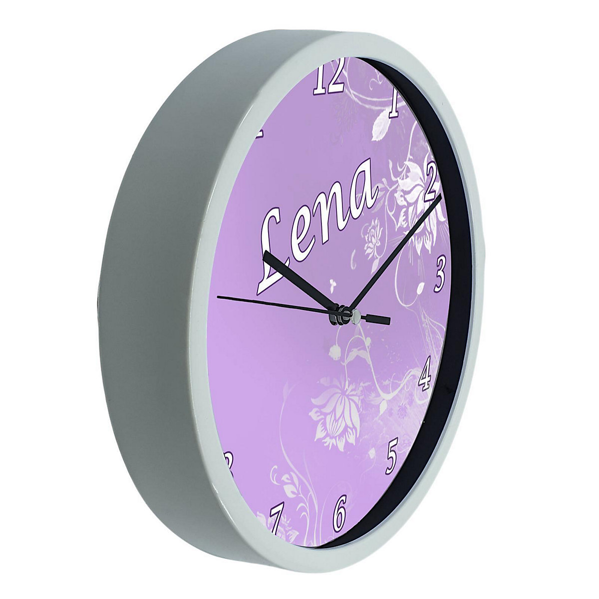 Kinder Wanduhr laufruhig personalisiert mit Name Blumenranke Lila