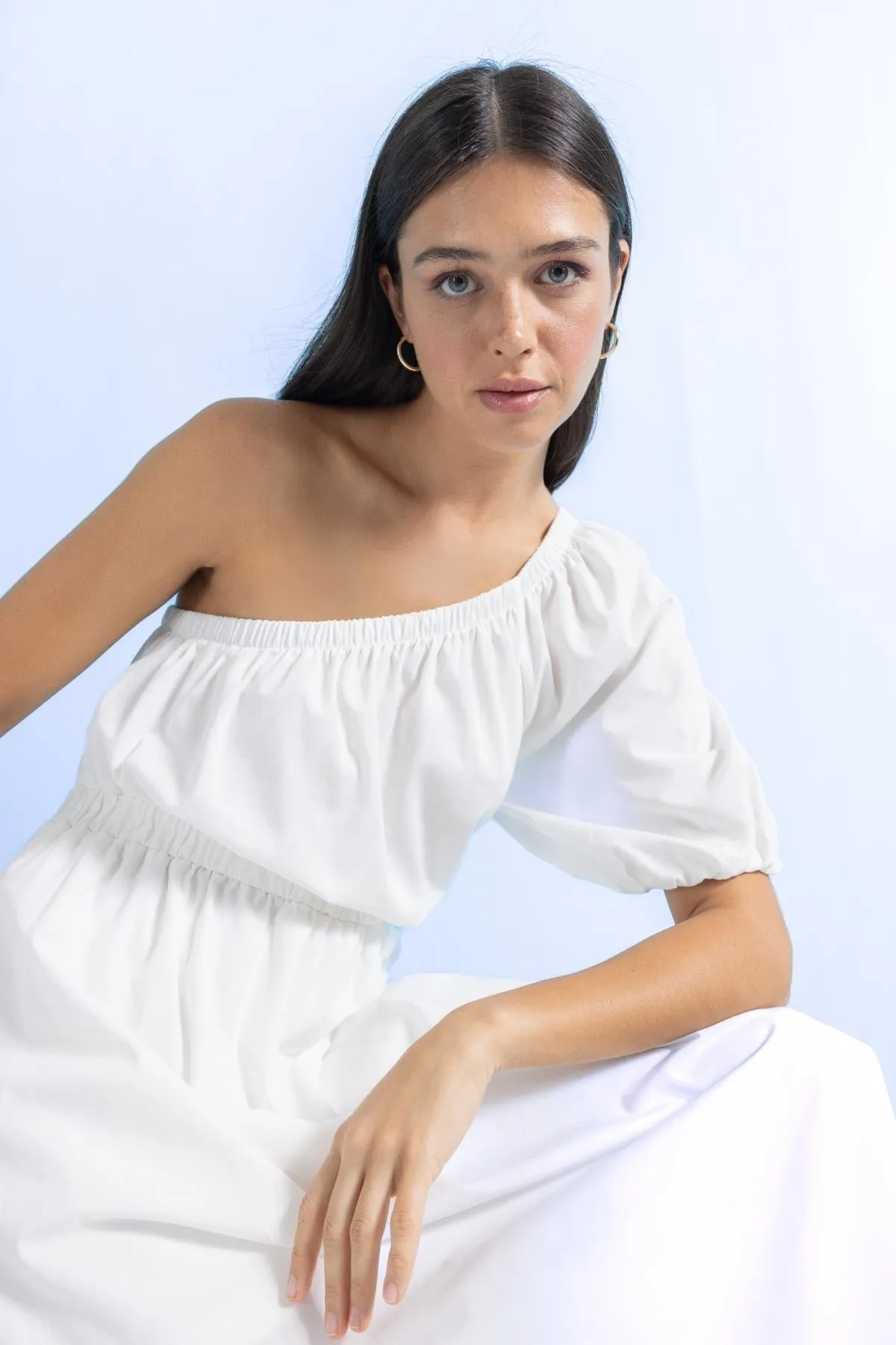 DeFacto  Weißes One-Shoulder-Midikleid aus Popeline - Kurzarm A9416ax23hs