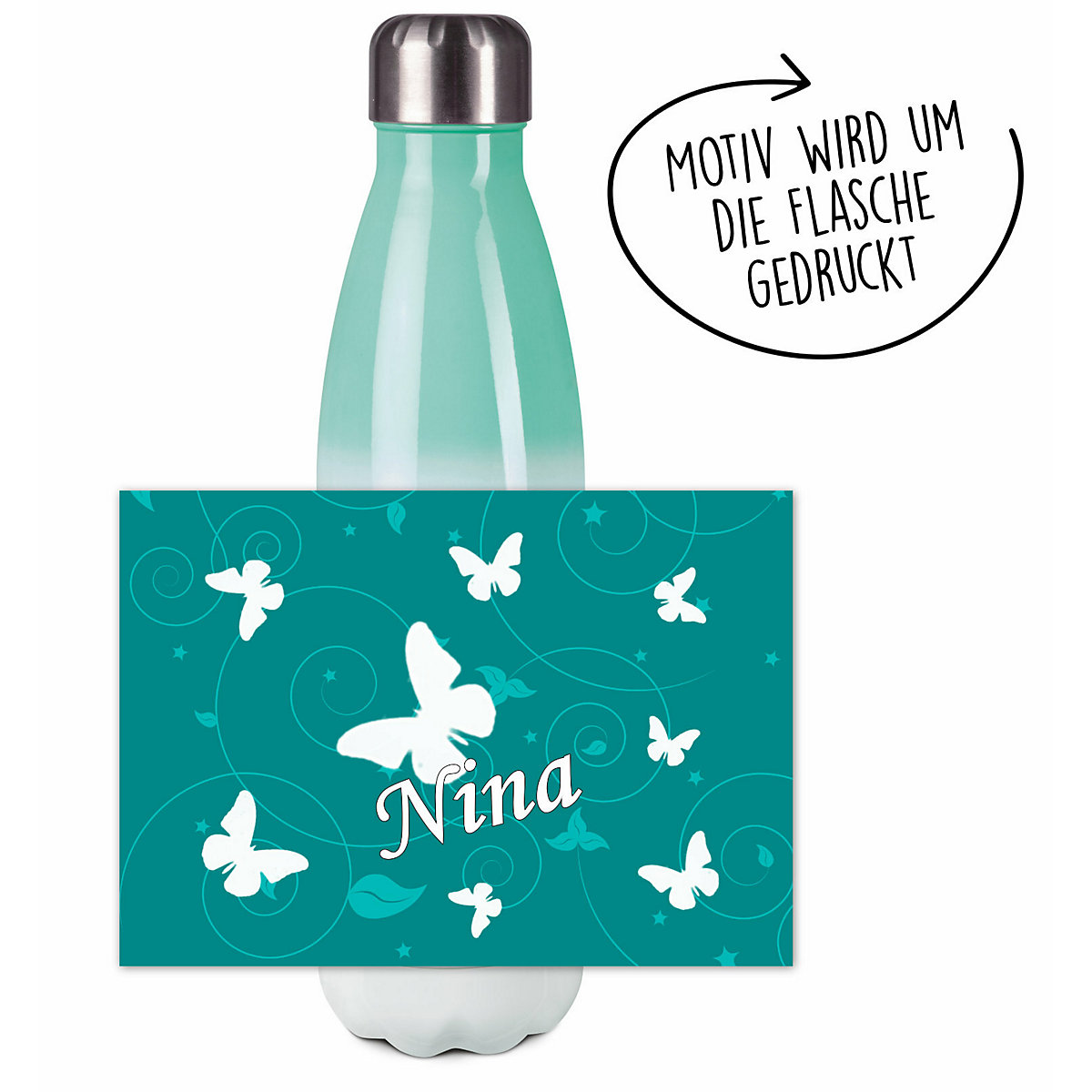 Edelstahl Kinder Thermoflasche / Trinkflasche bunt Schmetterling Ornamente Farbe petrol Spülmaschinenfest, Auslaufsicher, Bruchfest, Doppelwandig, Für Heißgetränke geeignet, Mit Deckel, Isoliert