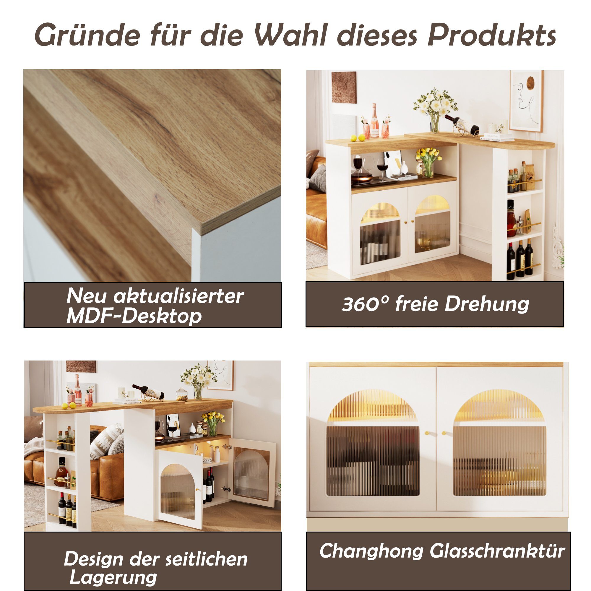 OKWISH Bartisch Stehtisch Ausziehbarer Esstisch (Bunte LED-Lichtleisten Freie 360-Grad-Drehung, 1-St), mit Stauraum, für Esszimmer und Wohnzimmer