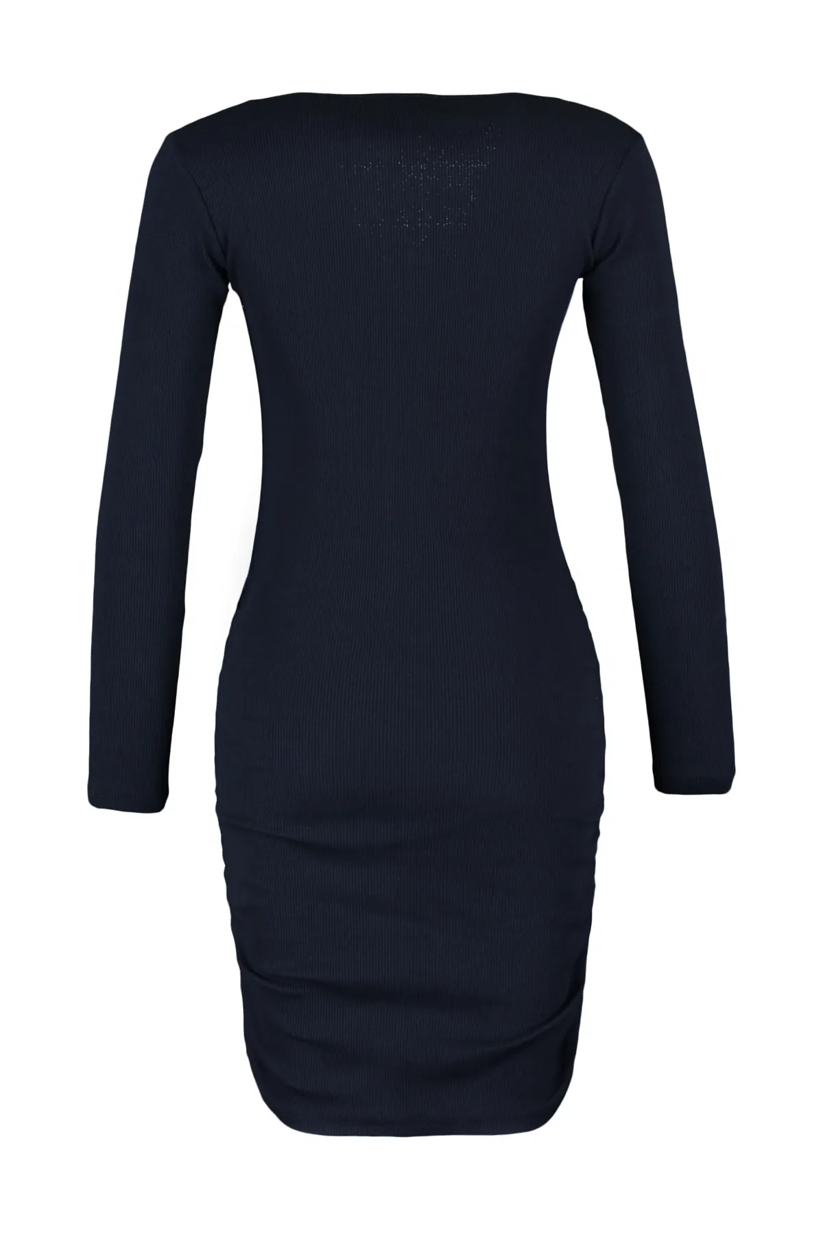 Trendyol Collection  Schwarzes, tailliertes, geripptes, flexibles Strick-Bleistiftkleid mit Mini-Kragen und Raffung TWOAW23EL01396