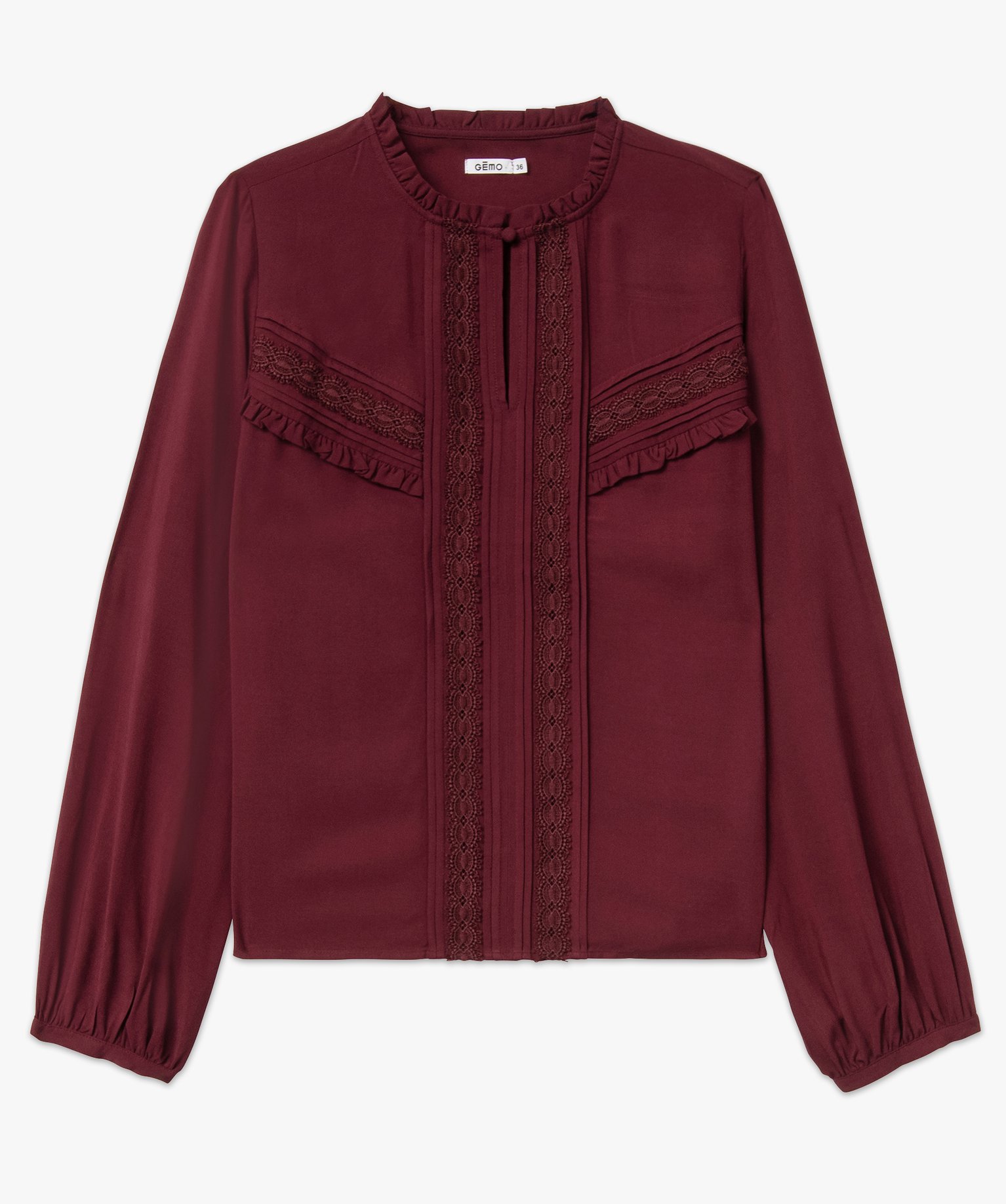 Blouse femme à manches longues avec empiècements dentelle violet | GEMO