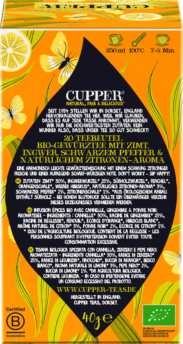 Gewürztee \Be Happy\ mit Zitrone, Zimt, Ingwer, schwarzer Pfeffer (20 Beutel), 40 g