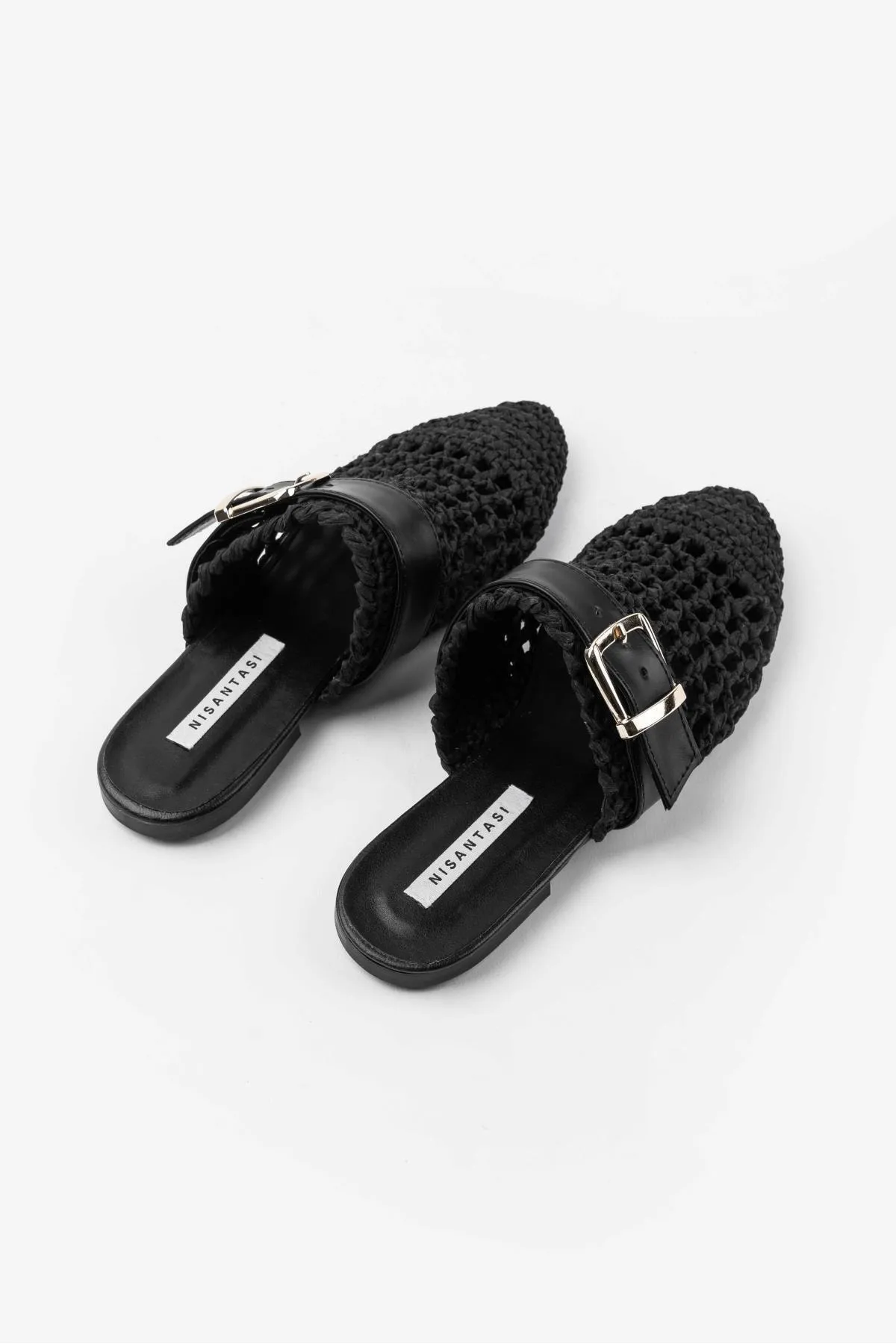 NİŞANTAŞI SHOES  Beste schwarze gestrickte Damenhausschuhe mit Gürteldetail und flacher Sohle