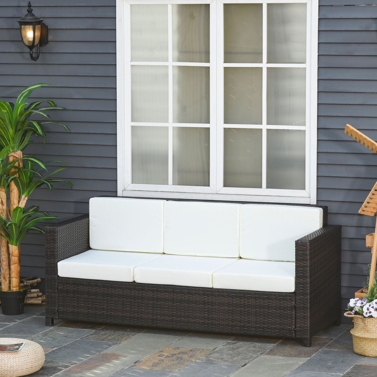 Outsunny Poly-Rattan Sofa mit Kissen 3-Sitzer Garten Loungesofa Polyester Braun