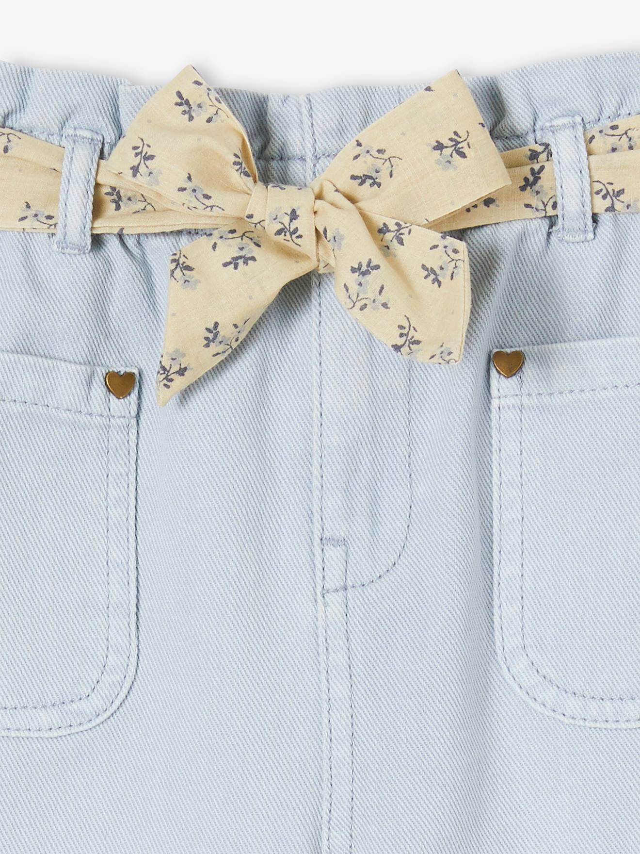 Pantacourt paperbag fille à ceinture fleurie rose