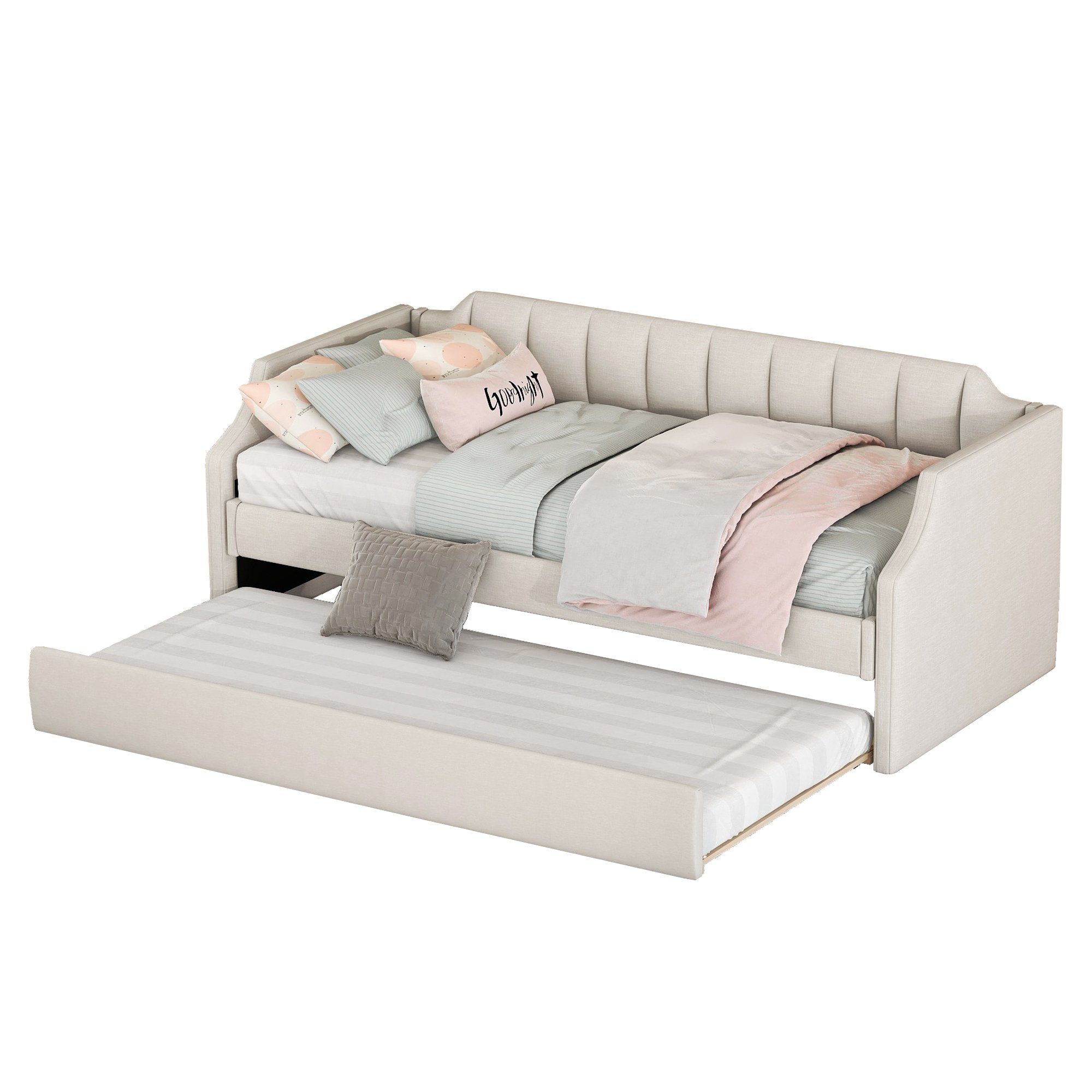 HAUSS SPLOE Schlafsofa Schlafsofa Holzbett Schiebebett Kinderbett Einzelbett, Gepolstertes Single Daybed mit Rollbett, Ohne Matratze, Ohne Matratze