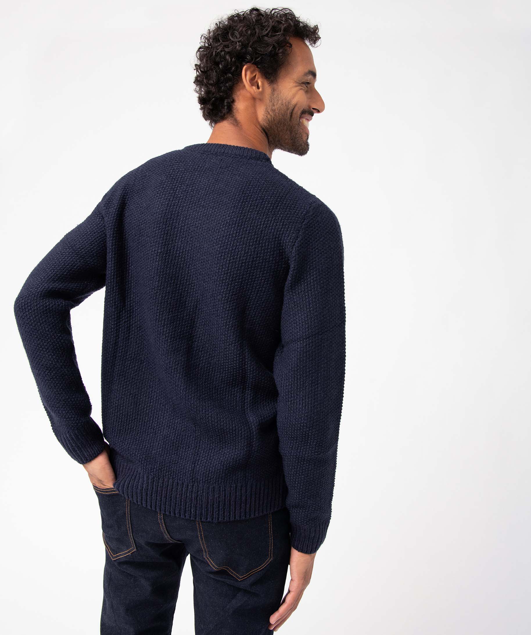 Pull homme en maille fantaisie contenant de la laine bleu fonce | GEMO