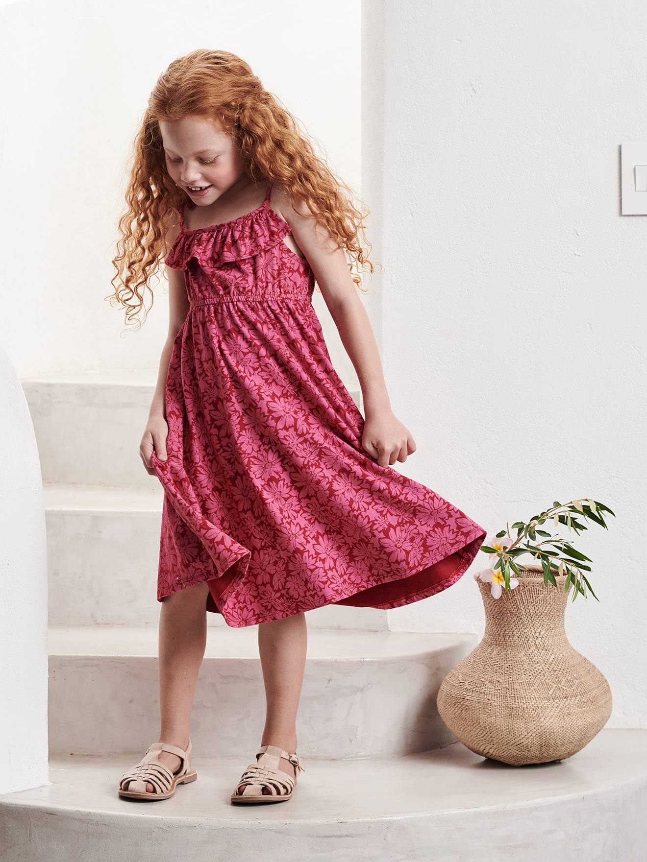 Robe mi-longue à bretelles imprimée fleurs fille framboise