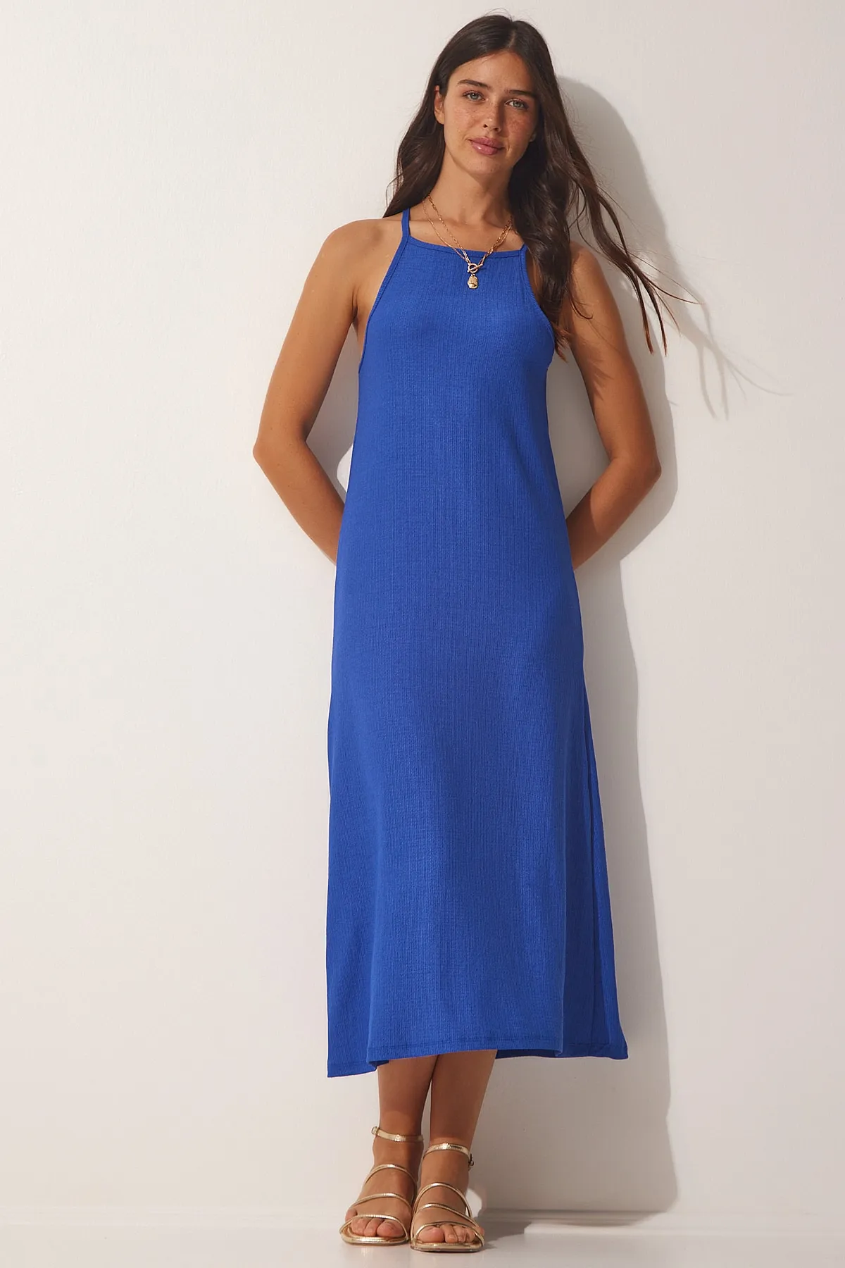 Happiness İstanbul  Blaues langes Sommerstrickkleid mit Trägern für Damen DZ00078