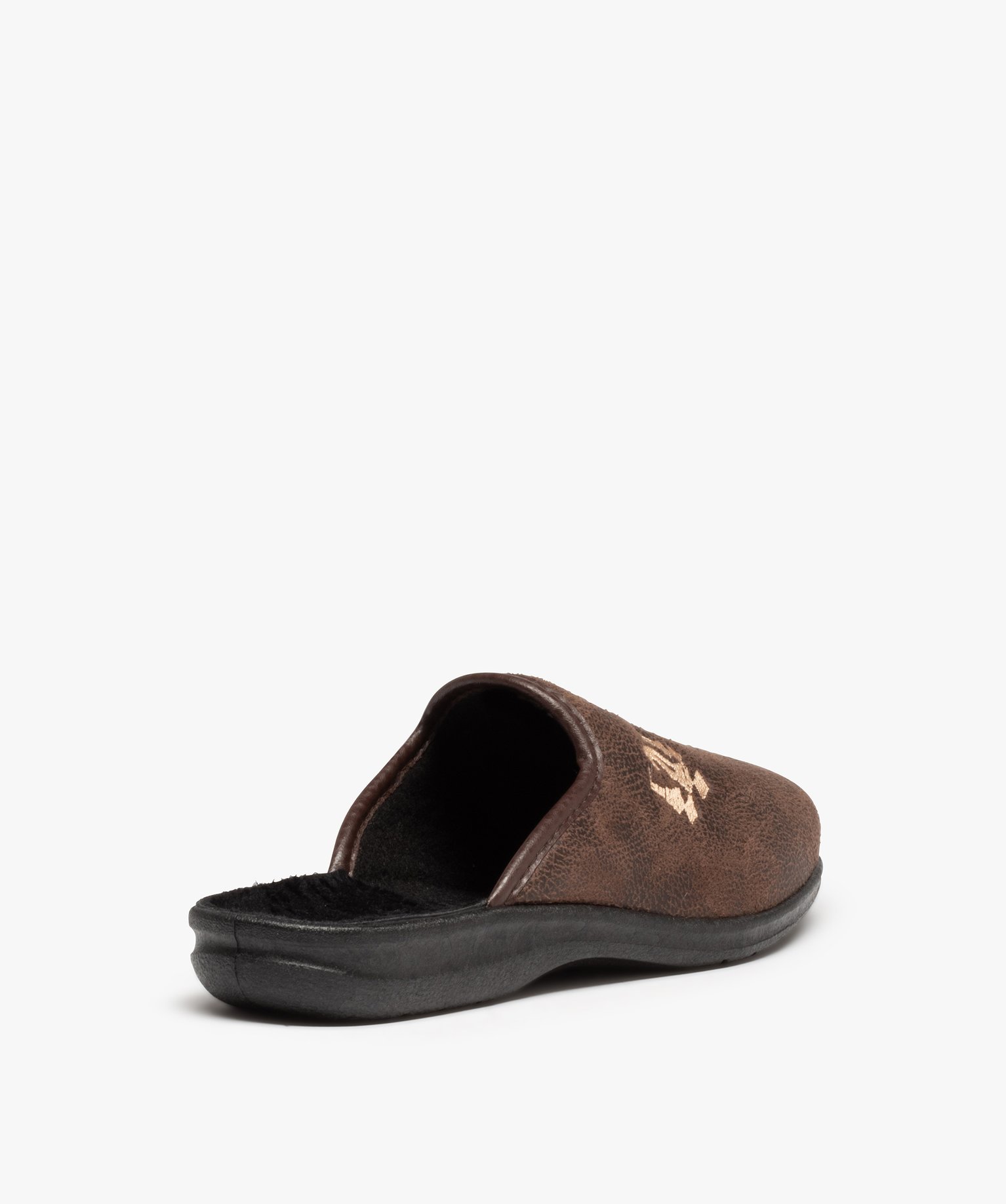 Chaussons homme mules brodées dessus cuir imitation marron | GEMO