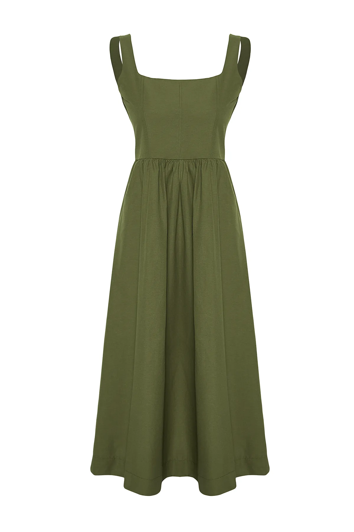 Trendyol Collection  Khakifarbenes gewebtes Midikleid mit Taillenöffnung und Korsett-Nähten TWOSS24EL00038