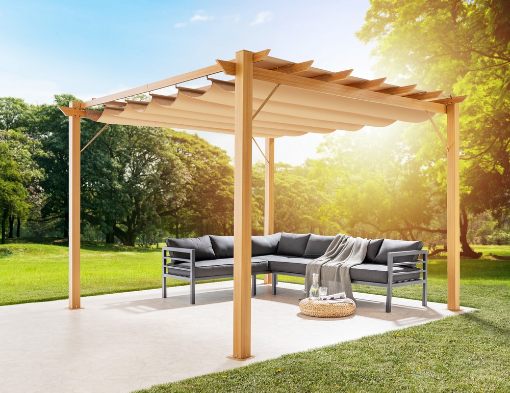 CHILLROI Outdoor Aluminium Pavillon/Pergola 12,25 m² mit verstellbarem Sonnensegel buche