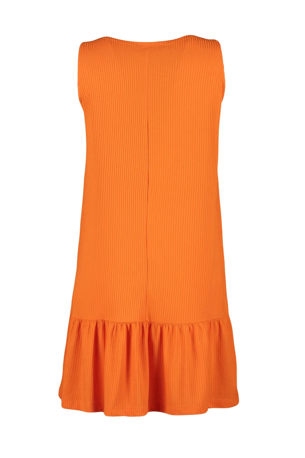 Trendyol Collection  Orangefarbenes Etuikleid mit Volants und geradem, geripptem Mini-Strickkleid mit Nullärmeln TWOSS22EL0794