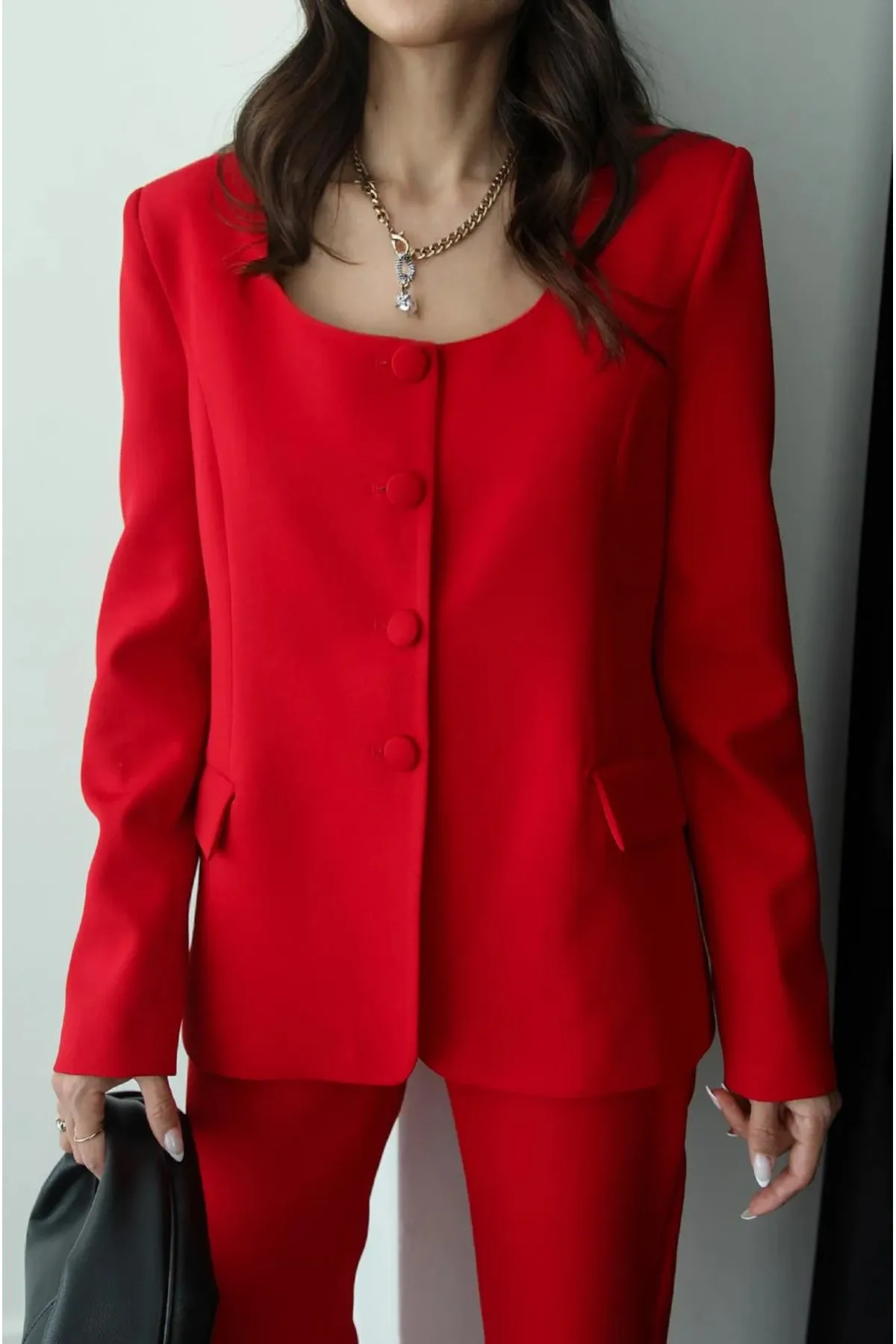 My Blog  Rotes Premium-Jacken-Hose-Set mit rundem Kragen