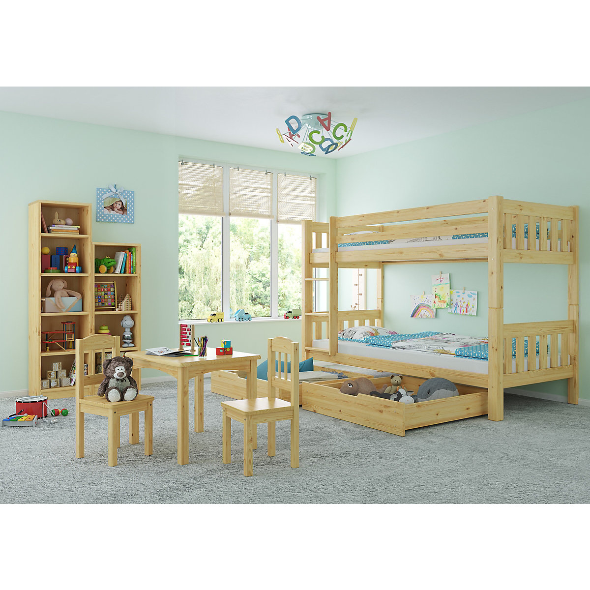 Etagenbett 90x200 Kiefer mit Rollrost, Matratzen und Bettkasten