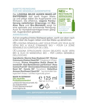 Logona Classic Milder Augen Make-up Entferner Bio-Aloe Vera & Bio-Mandelöl Augenmake-up Entferner-125 ml
