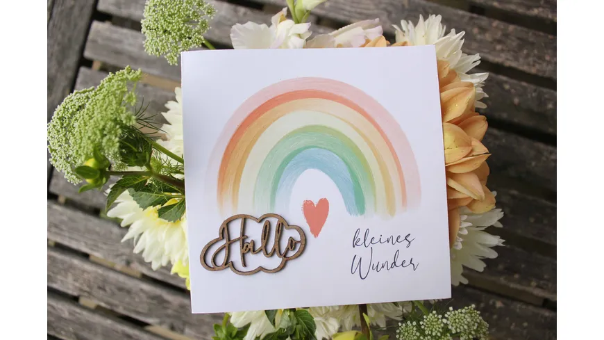 Grußkarte Druck mit Holzschriftzug Regenbogen Wunder