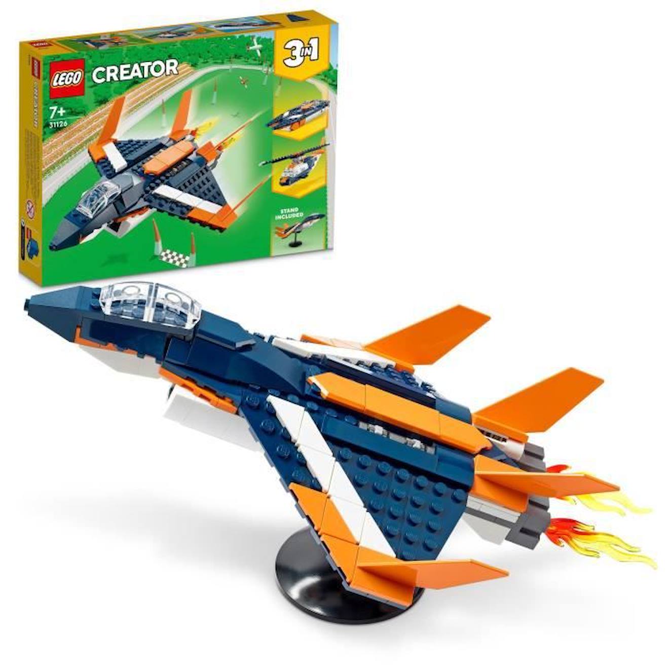 LEGO® Creator 31126 L’Avion Supersonique, Jouet 3 en 1 Hélicoptère Bateau Avion bleu
