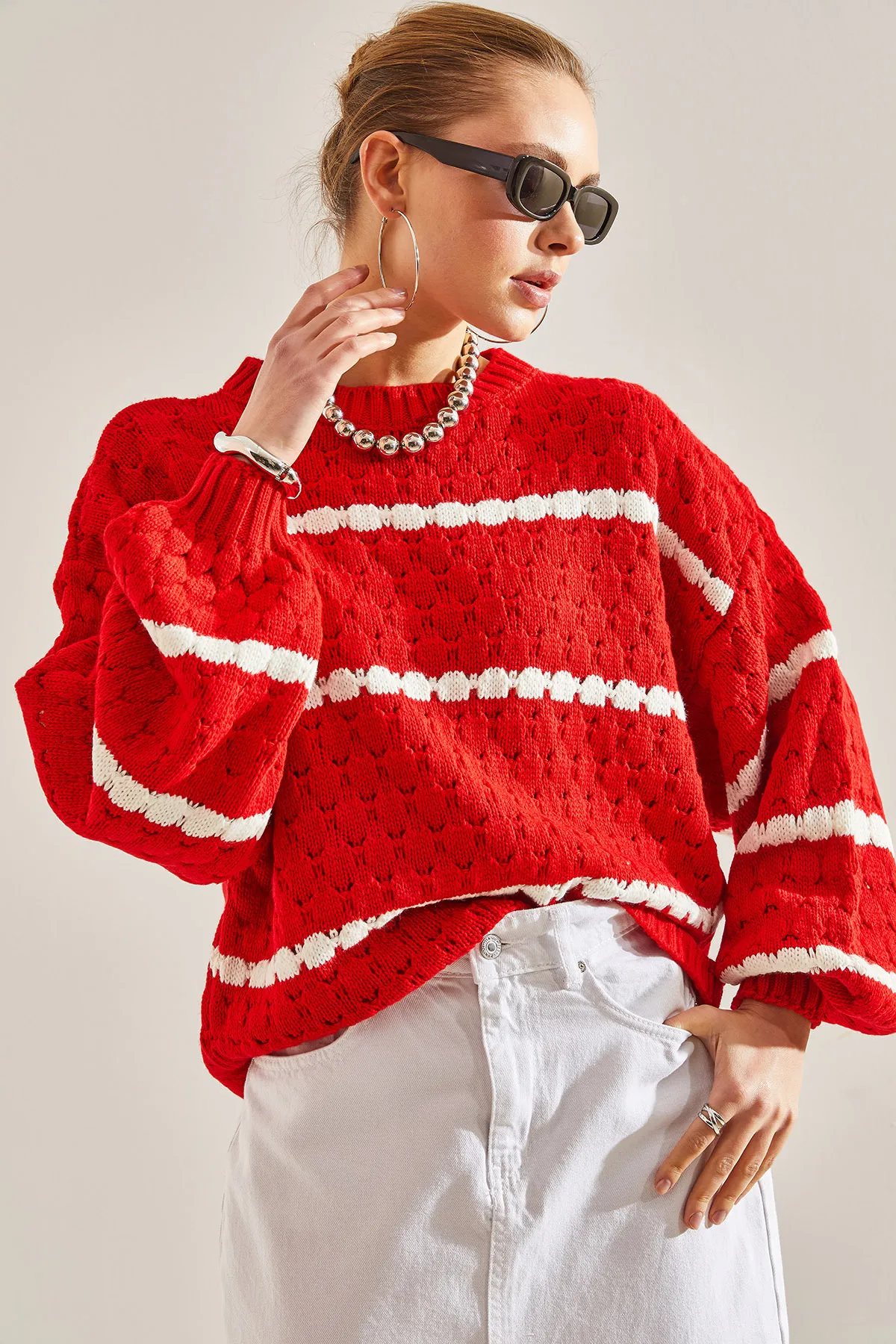 Bianco Lucci  Gestreifter Wabenstrickpullover mit Ballonärmeln für Damen