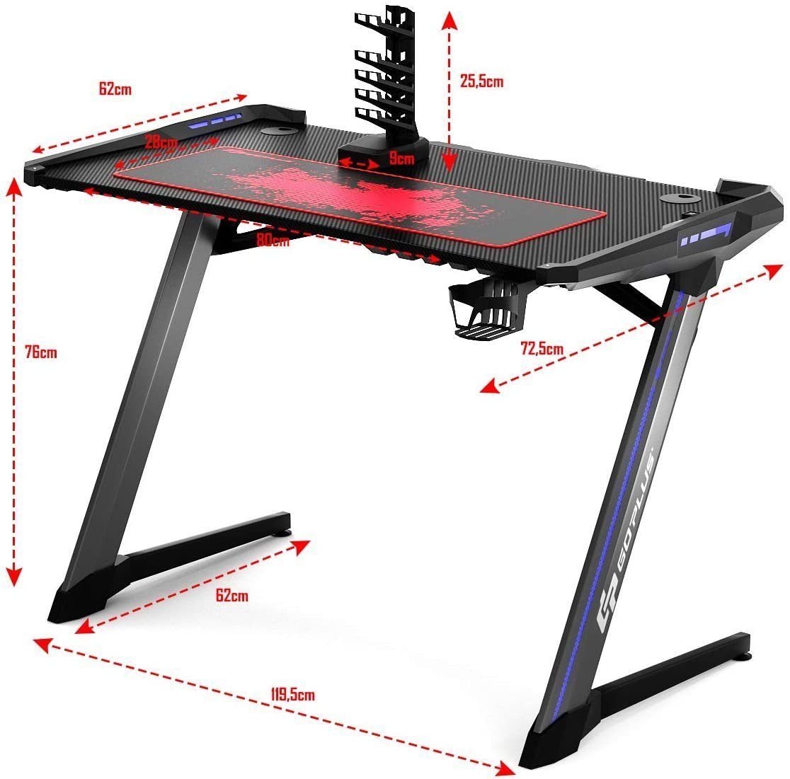 COSTWAY Gamingtisch, RGB-Led, Controller-Halterung mit 4 USB, Z-förmig 120cm