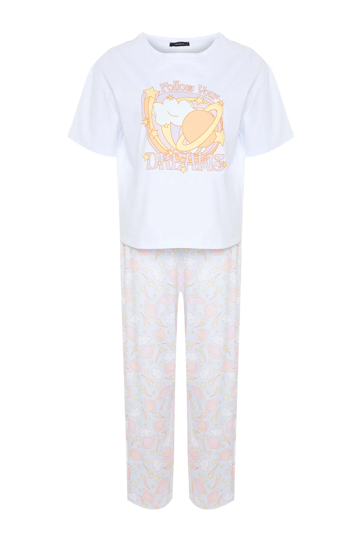 Trendyol Curve  Rosa bedrucktes Strickpyjama-Set TBBAW24AI00023