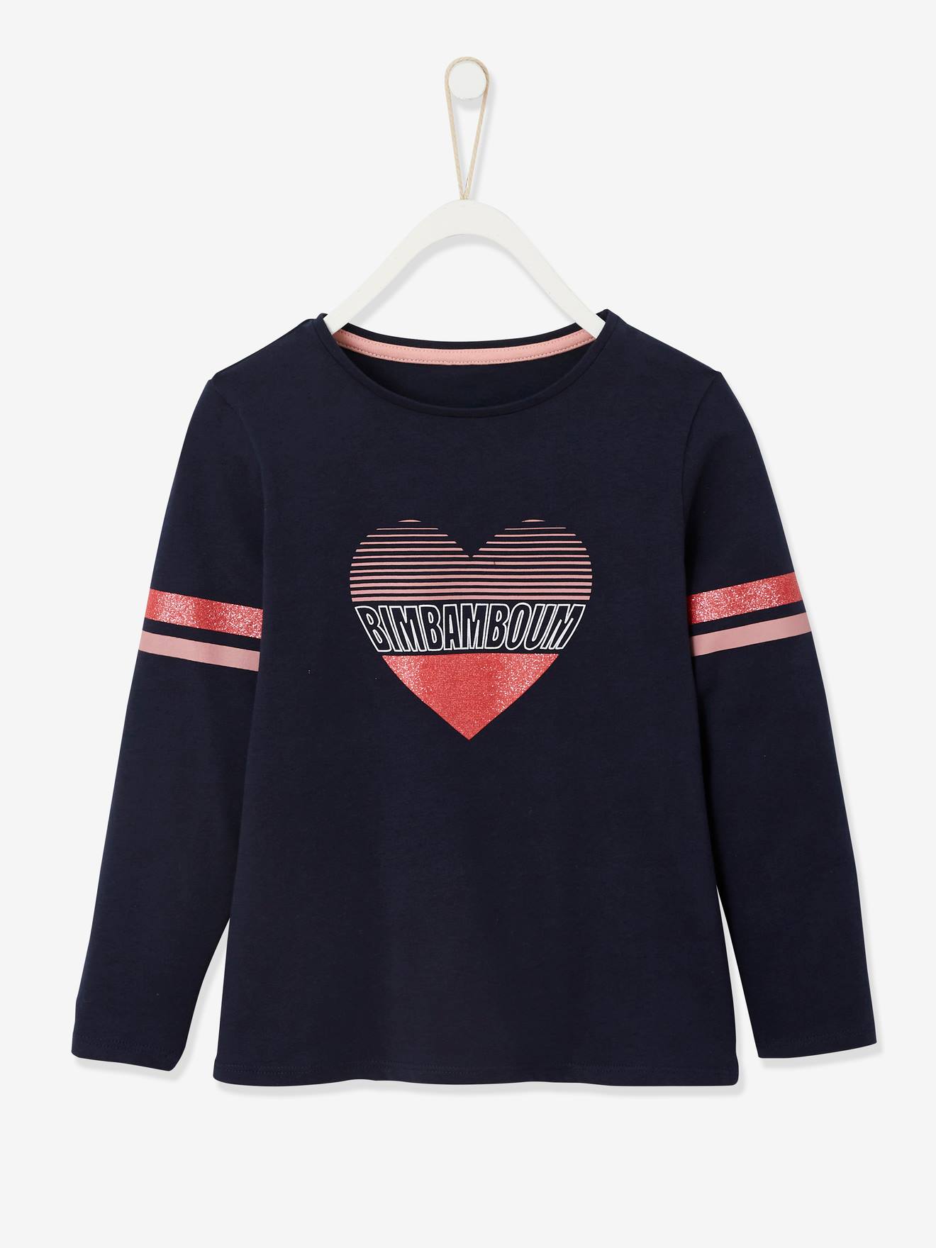 T-shirt fille esprit collège détails irisés en coton bio marron