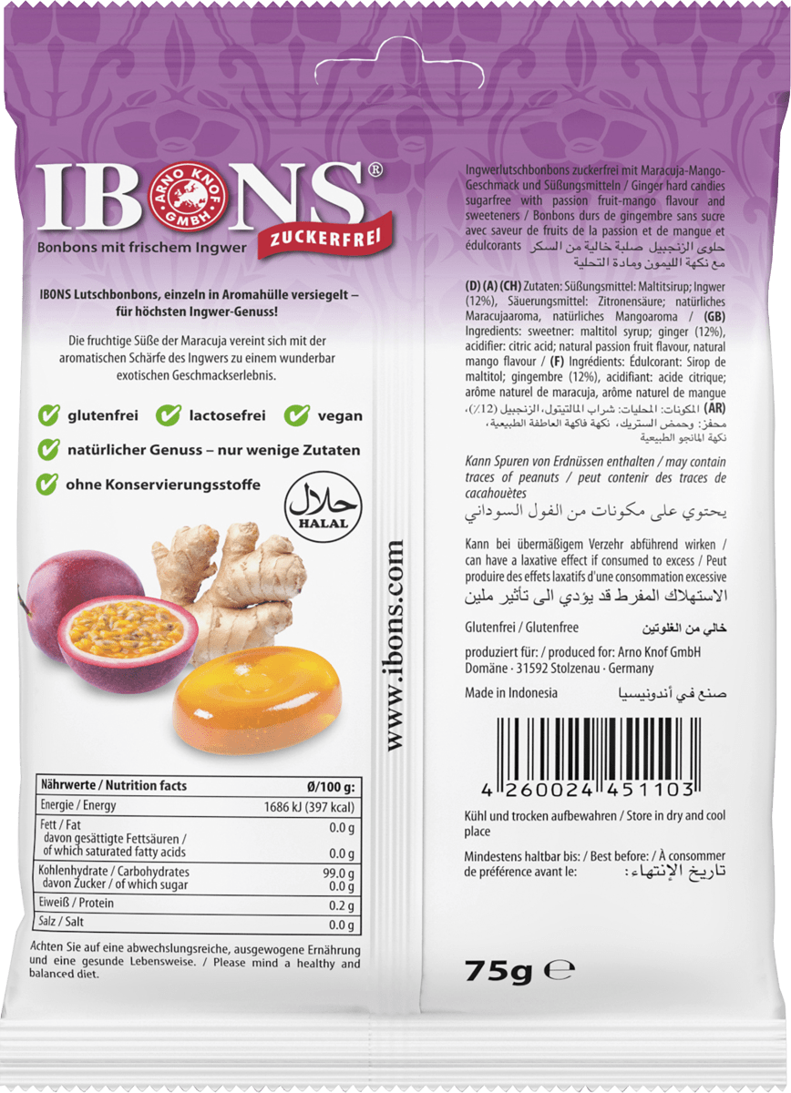Bonbon, Ingwer-Maracuja, zuckerfrei, 75 g