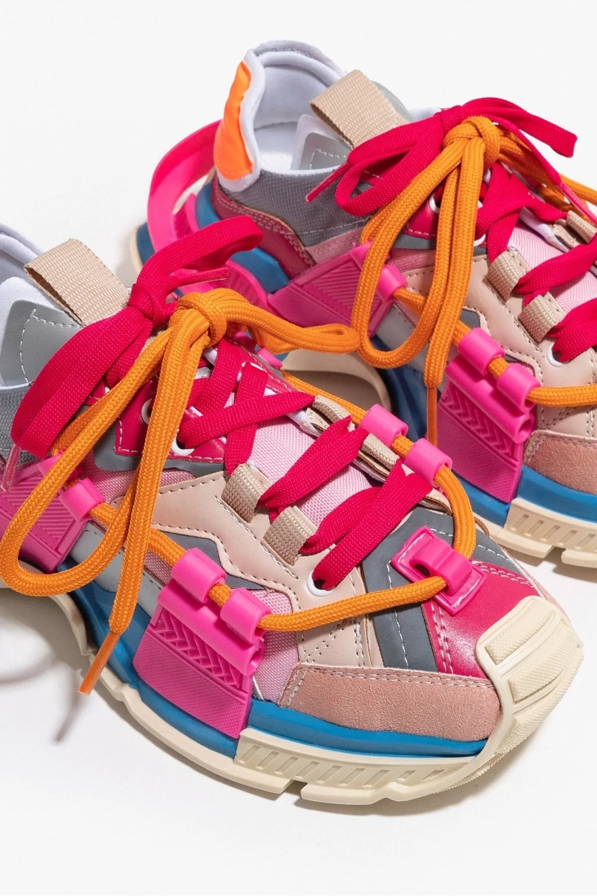 NİŞANTAŞI SHOES  Oslo Beige Blau Fuchsia Matte Spitze Detaillierte Damen-Sportschuhe mit dicker Sohle
