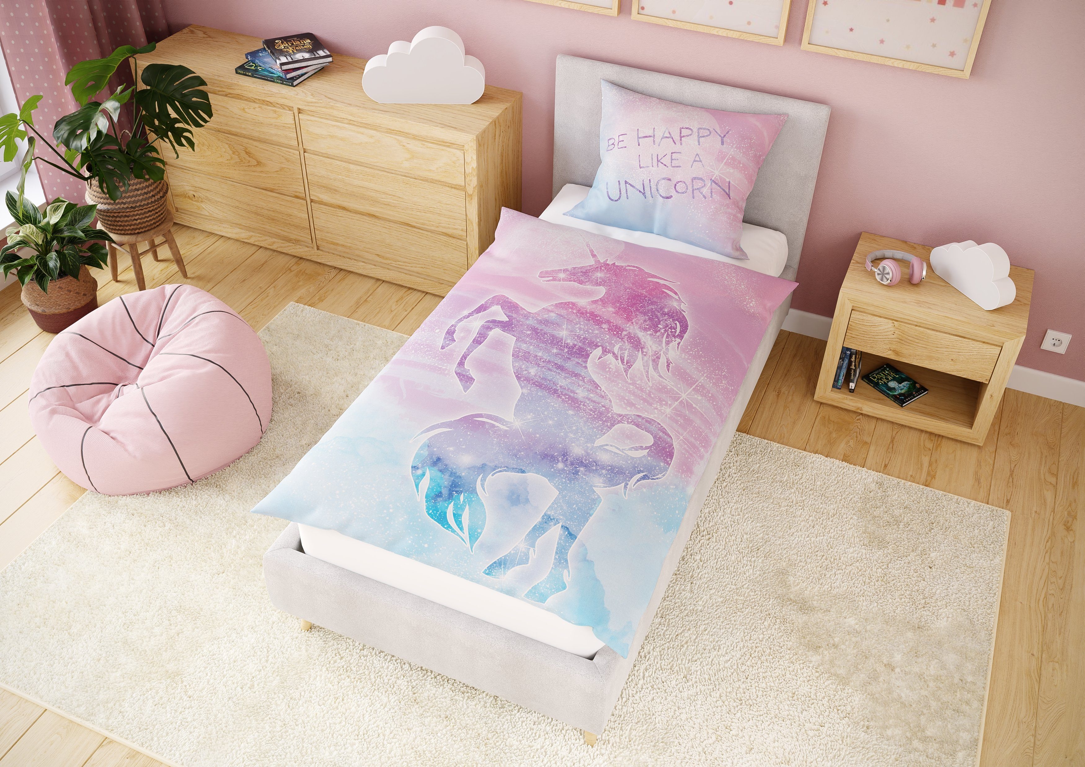Kinderbettwäsche Leuchtende Bettwäsche 135x200 Unicorn Bettwäsche Kinder + 10 SPIELE, Carpe Sonno, Baumwolle, 2 teilig, GLOW IN THE DARK Einhorn Bettwäsche Mädchen