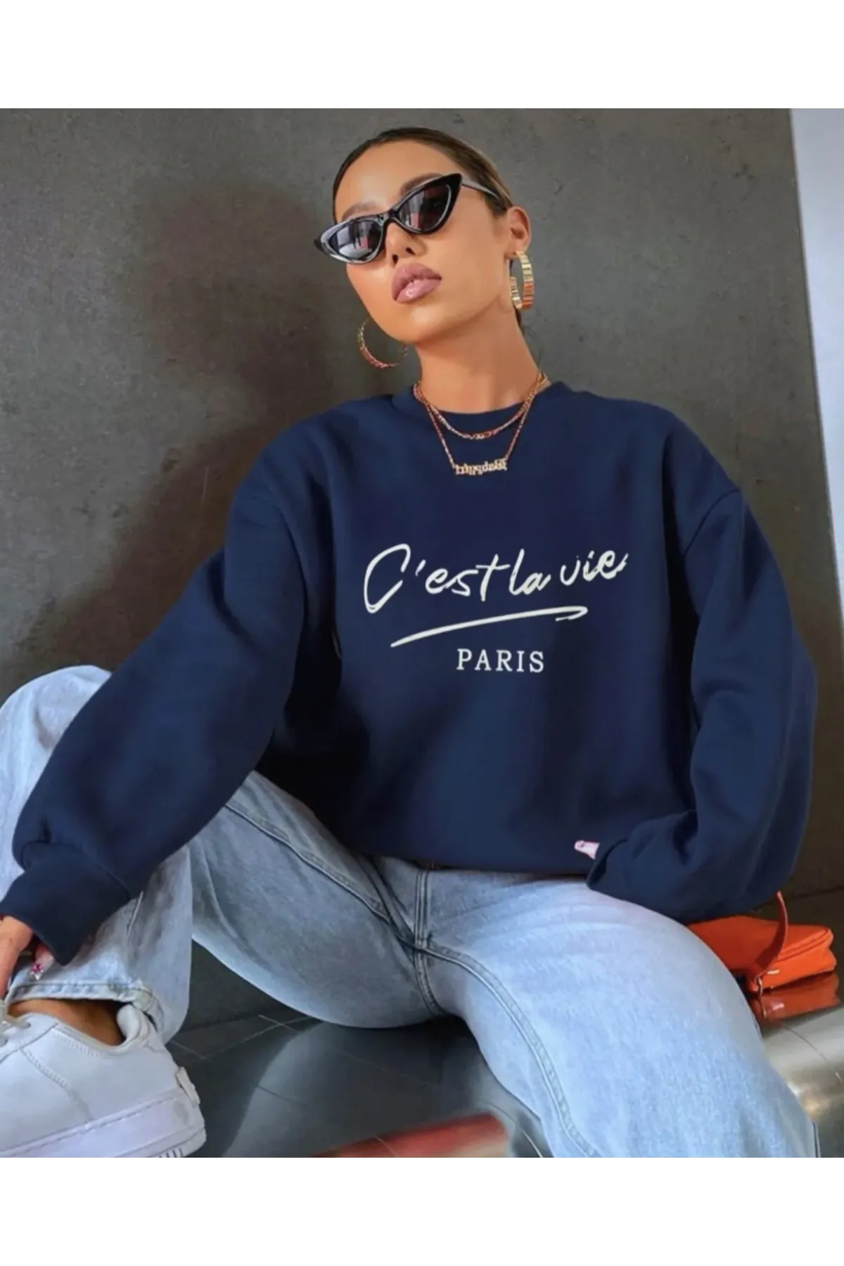 My Blog  Marineblaues C'est La Vie Paris Sweatshirt mit Rundhalsausschnitt