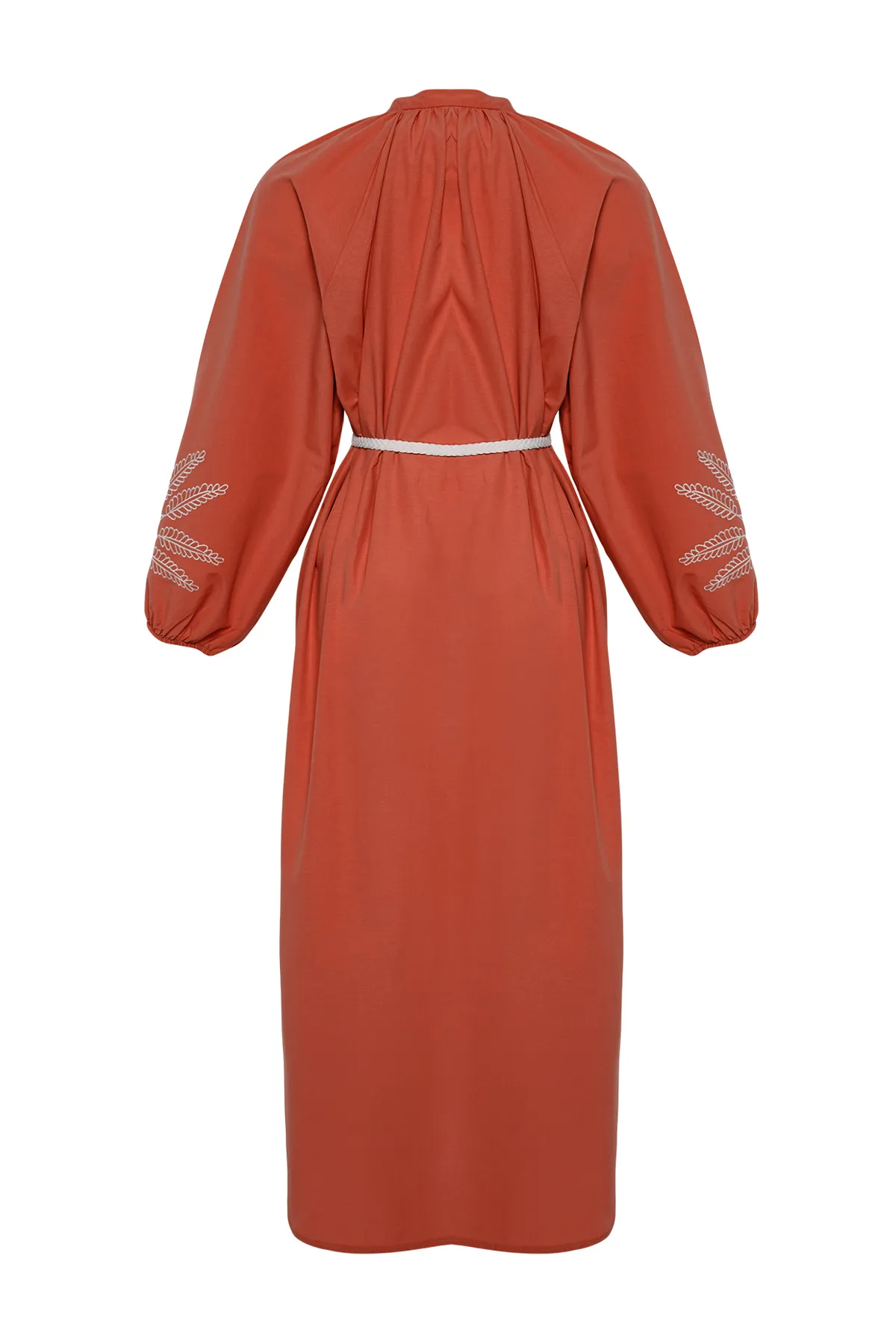 Trendyol Modest  Zimtfarbenes, ungefüttertes, besticktes / besticktes, gewebtes Hijab-Kleid aus Terrycotton TCTSS24EB00213