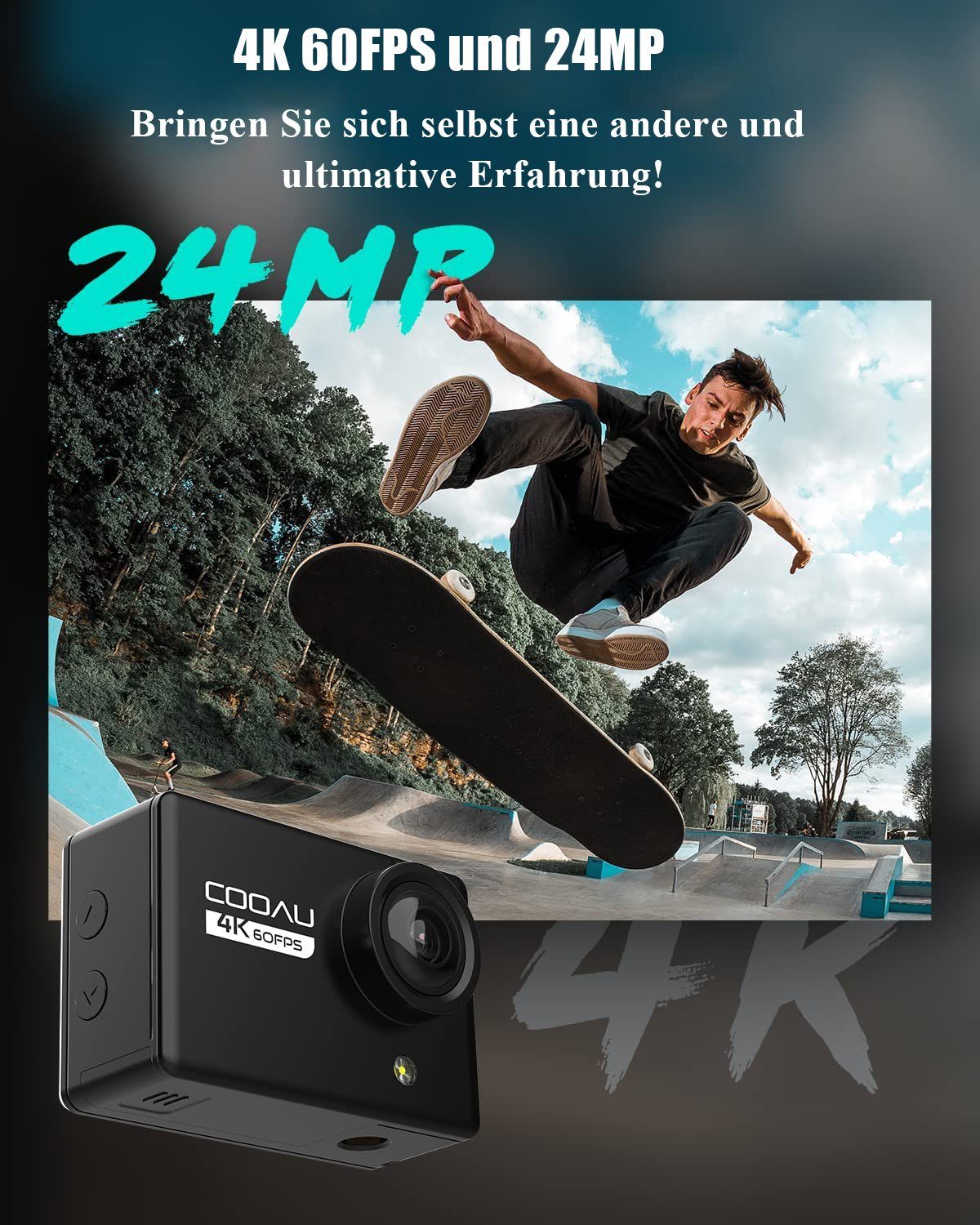 COOAU Action Cam 4K 20MP WiFi 40M Unterwasserkamera Wasserdicht Action Cam (4K Ultra HD, WLAN (Wi-Fi), 170° Weitwinkel EIS Stabilisierung Action cam 2.4G WIFI Fernbedienung, Externem Mikrofon, Time Lapse, Loop-Video, Zeitlupe, Zeitraffer)